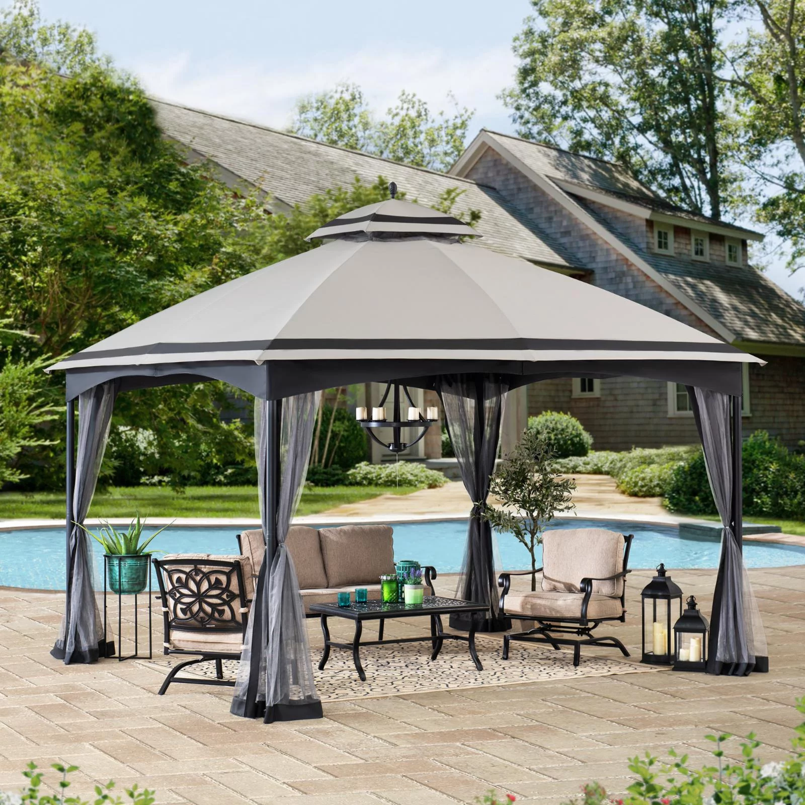 Sunjoy 2 Tone Striped 10.5 x 13 ft. 2 Tier Fabric Topped Steel Gazebo