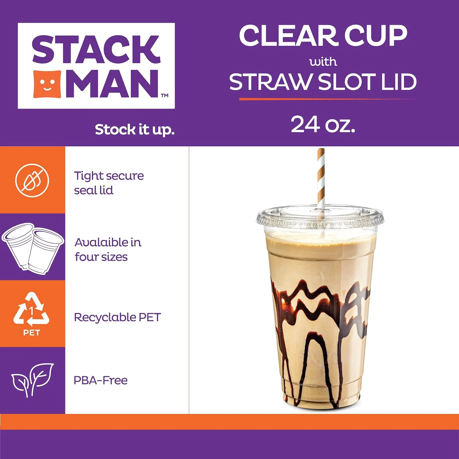Stack Man [100 Sets - 24 oz.] Clear Plastic Cups with Straw Slot Lid, PET Crystal Clear Disposable 24oz Plastic Cups with lids