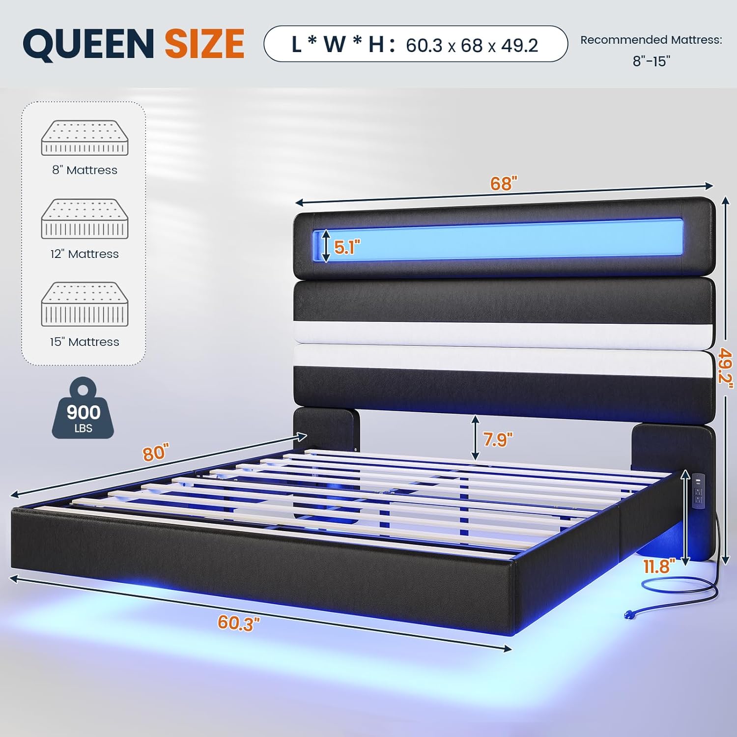 Floating Bed Frame Queen Size with Charging Station&LED Lights, Faux Leather Upholstered Platform Bed Frame with Tall Storage Headboard, Black