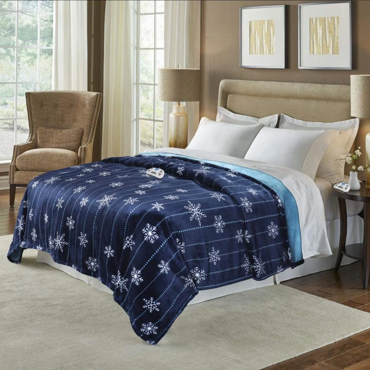 Serta Silky Plush Electric Heated Warming Blanket Queen Snowflake Navy