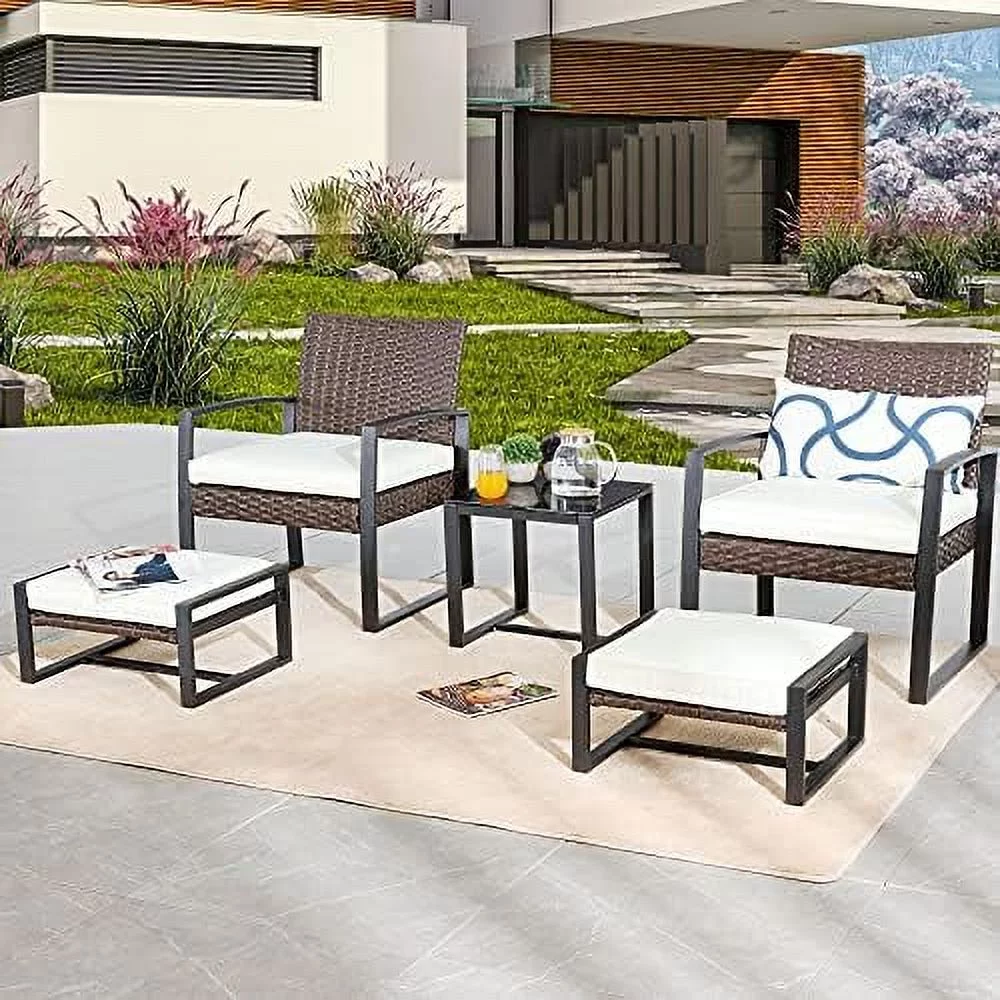 Patio Conversation Set 5 Pieces Outdoor PE Wicker Rattan Sofa Furniture Cushioned Chairs And Ottomans With Tempered Glass Coffee Table, White