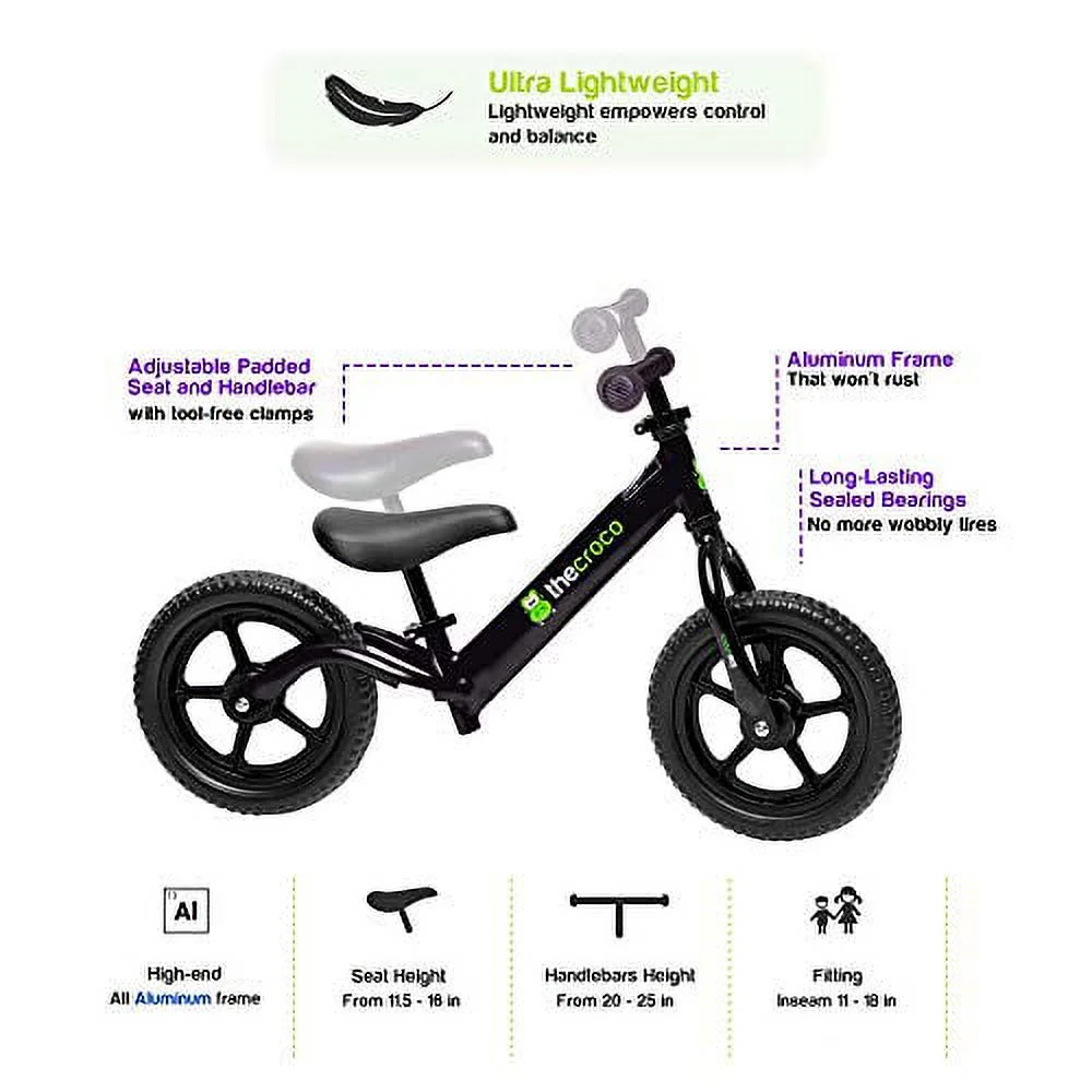 TheCroco Balance Bike Premium Model 12? Lightweight High-Grade Aluminum to Make Riding Easy for Kids Ages 2, 3, 4 Years. Unbeatable Features: Bell, Handlebar Pad and Adjustable Seat & H