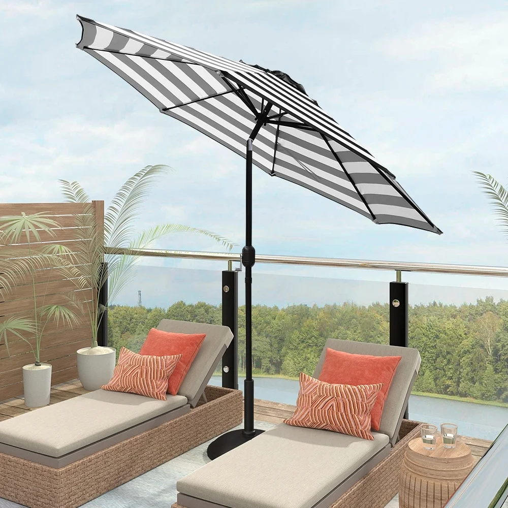 Abble Outdoor 9ft Patio Umbrella with Crank and Tilt - Black and White Stripe