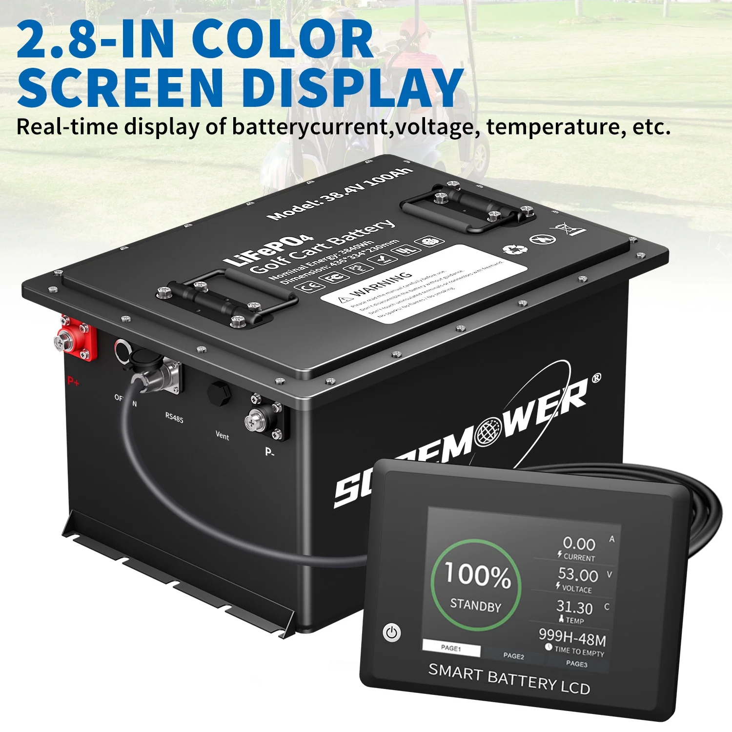 36V 100Ah Lithium Golf Cart Battery, 8000+ Deep Cycles Rechargeable LiFePO4 Golf Cart Battery 200A BMS, SCREMOWER Max 7.64kW Power Output for Golf Carts,43.8V 20A Charger