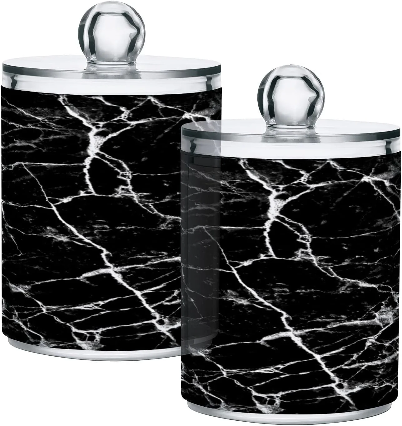 Wellsay 2PCS Black Marble Texture Qtip Holder Dispenser with Lids - Apothecary Jar Containers for Vanity Organizer Storage - Plastic Food Storage Canisters（749）