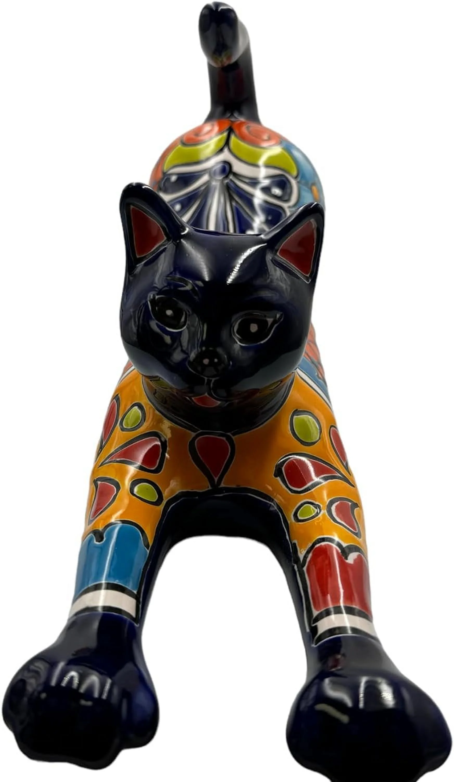 Talavera Cat Stretching Cute Mexican Pottery Handmade Hand Painted Home Decor Folk Art Outdoor Indoor Multicolor Length 17.75