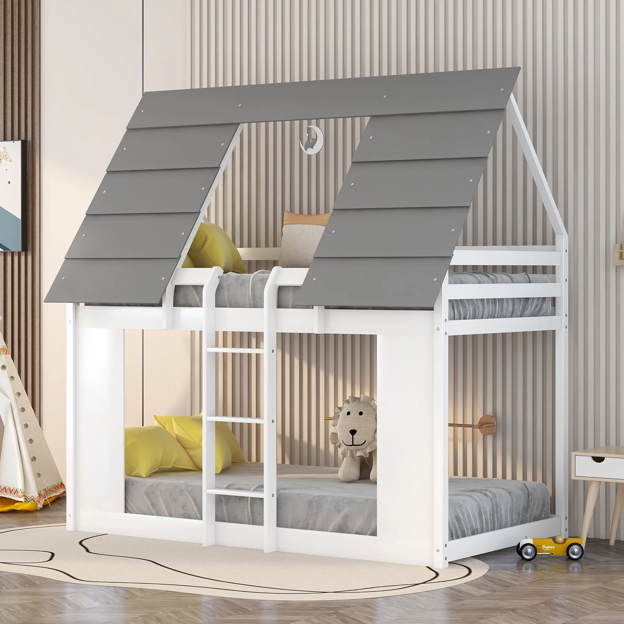 Bellemave Twin over Twin Wood House Bunk Bed, Low Bunk Bed with Roof for kids, Teens (White+Gray)