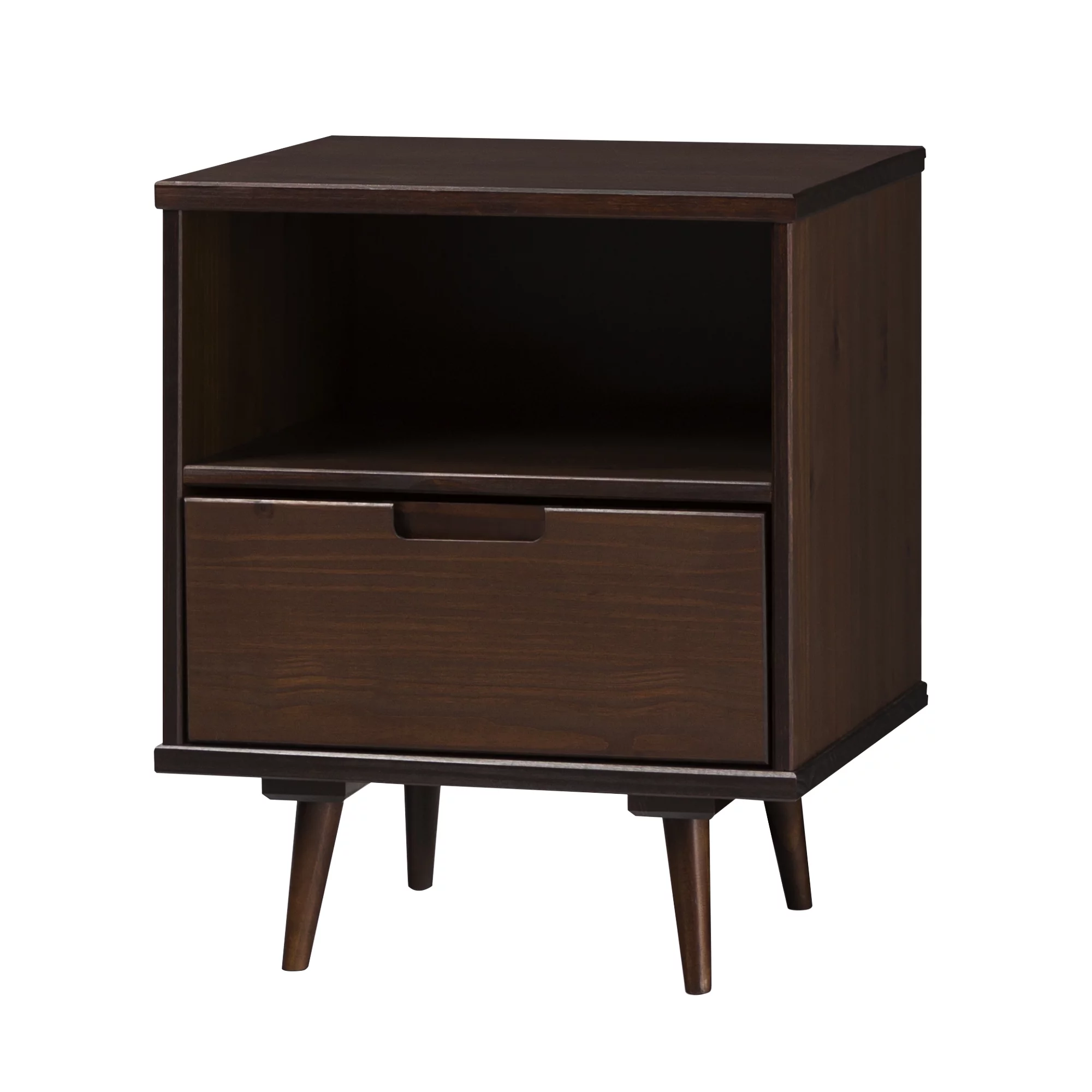Walker Edison 24” Mid-Century Modern Groove Handle 1-Drawer Side Table, Walnut
