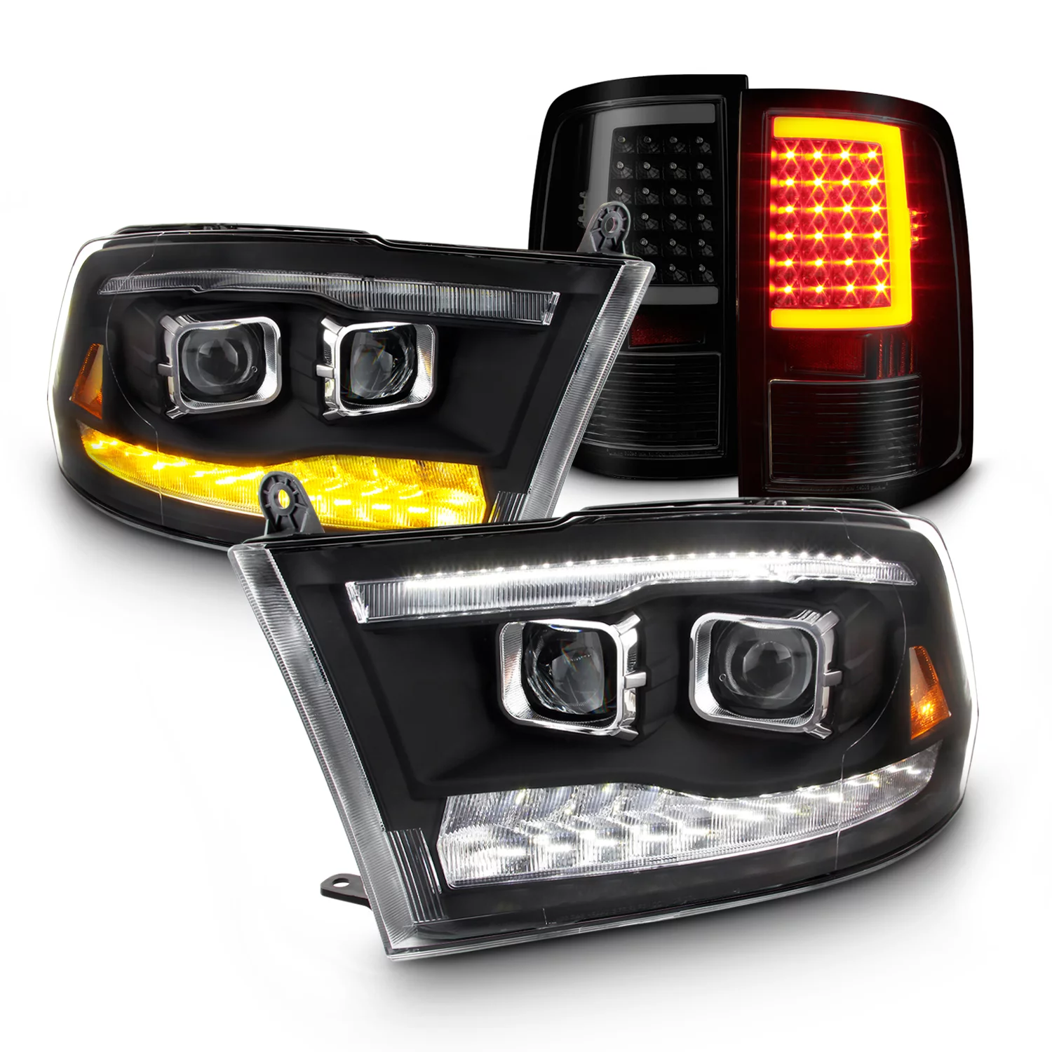 AKKON - For Dodge Ram 09-18 LED Bar DRL & High/Low Projector Housing + Tail Light Tube Style Smoked Lens