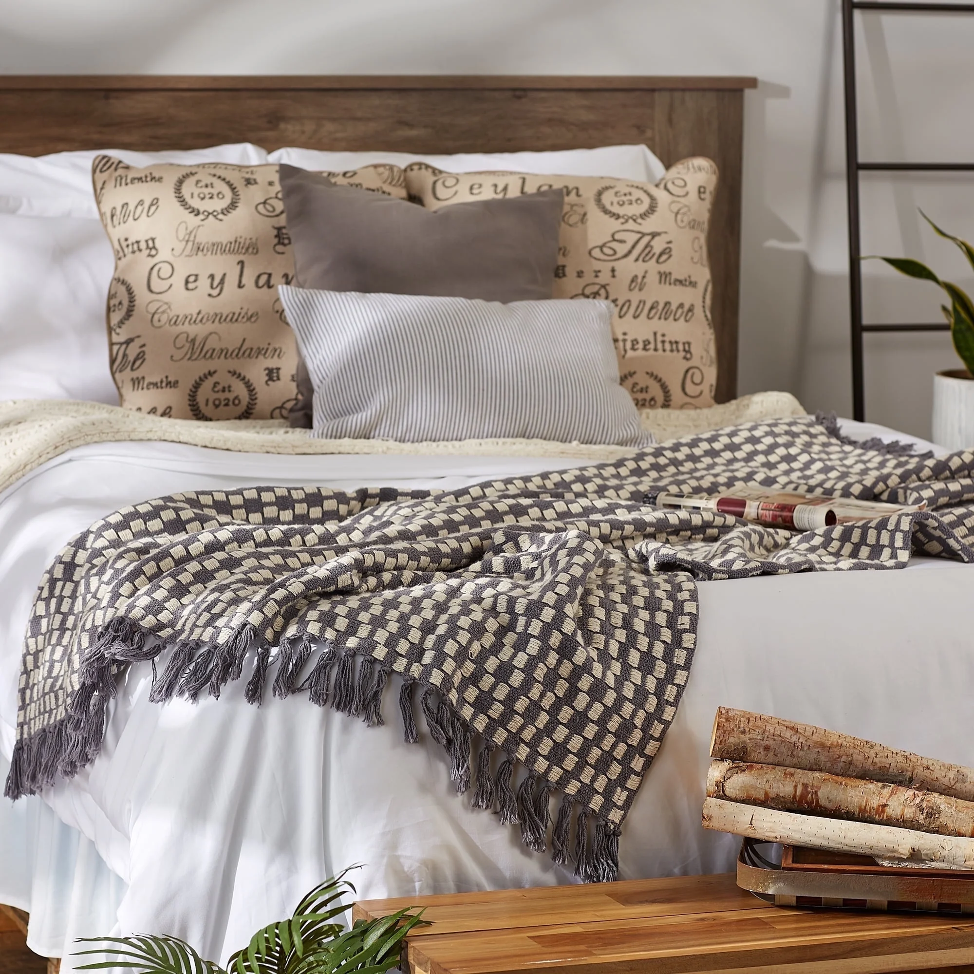 DII Gray Urban Check Cotton Throw 50x60 with 2.5 inch fringe