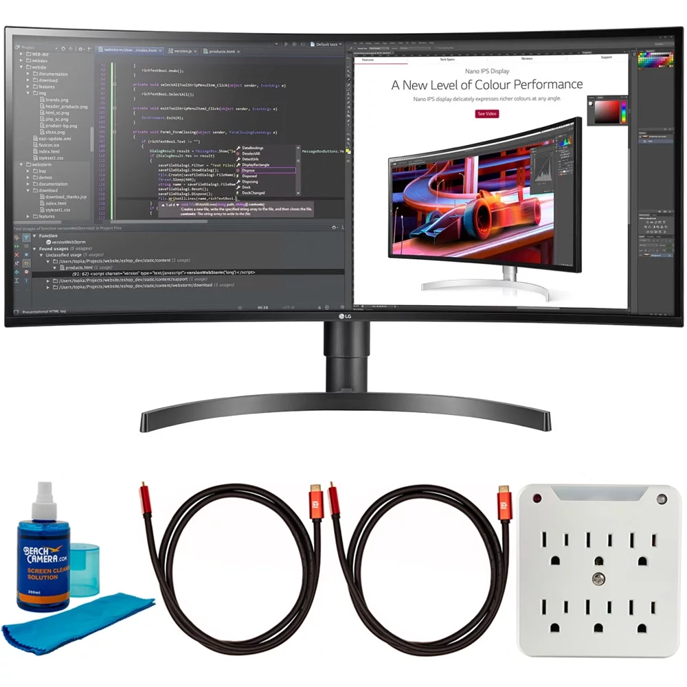 LG WL85C 34-inch IPS Curved WQHD HDR 10 Monitor with Stand (Black) Bundle with 2x Deco Gear 6ft HDMI Cable, Beach Camera Screen Cleaner and 6-Outlet Surge Adapter with Night Light