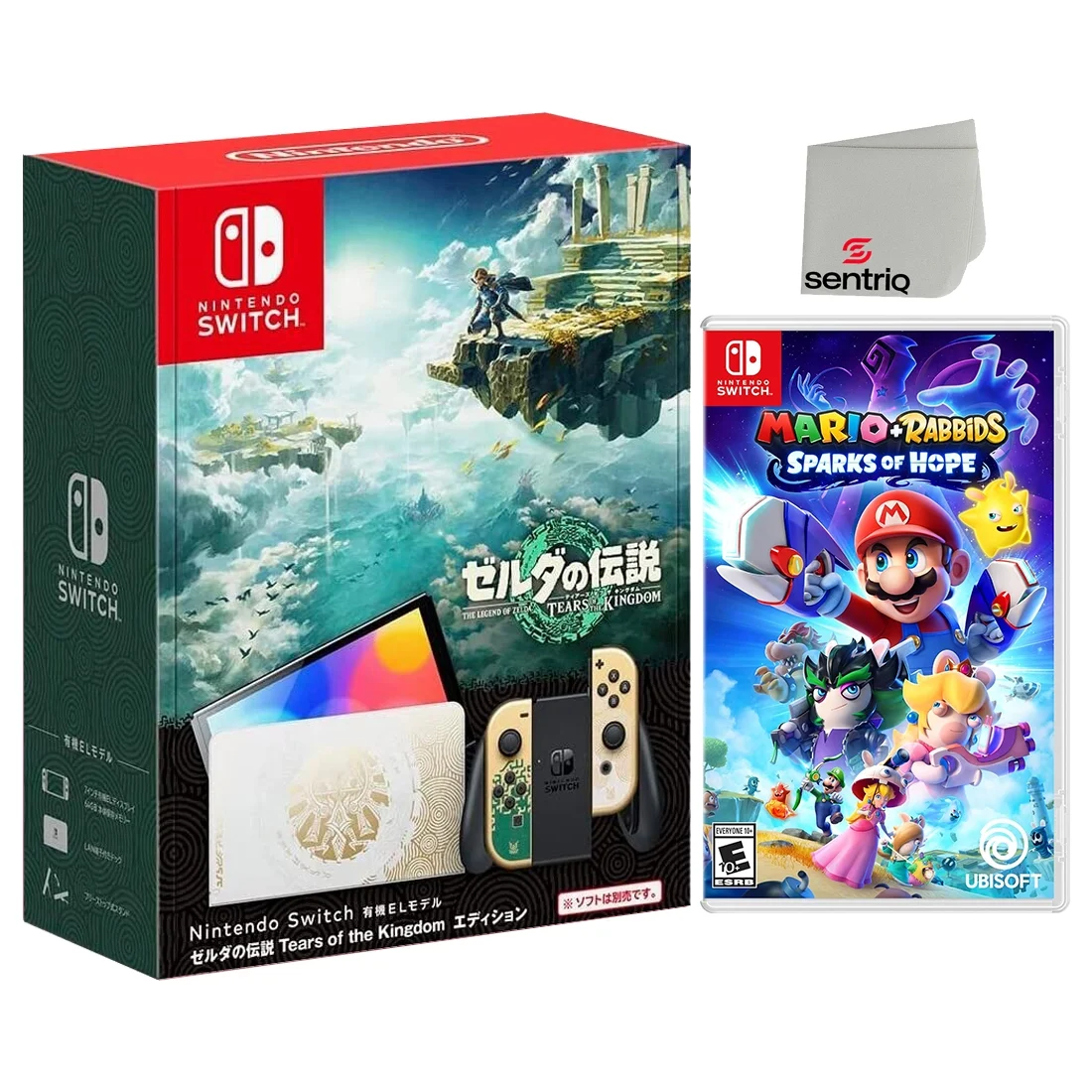 Nintendo Switch OLED Legend of Zelda: Tears of the Kingdom Edition + Mario + Rabbids Sparks of Hope + Sentriq Screen Cleaner - Japan Import with US Plug