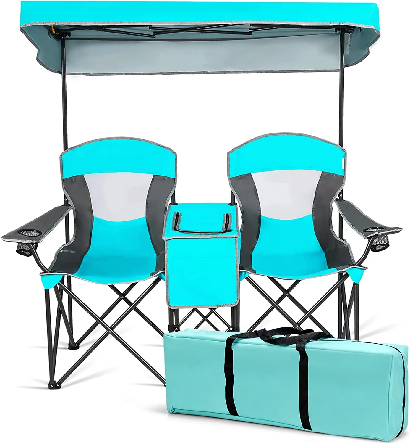 HYUN Double Camping Chair with Canopy, 2 Person Folding Beach Chair with Canopy Shade, Table Beverage Holder and Storage Bag, Double Rocker Chair Outdoor for Camping, Beach, Picnic, Turquoise