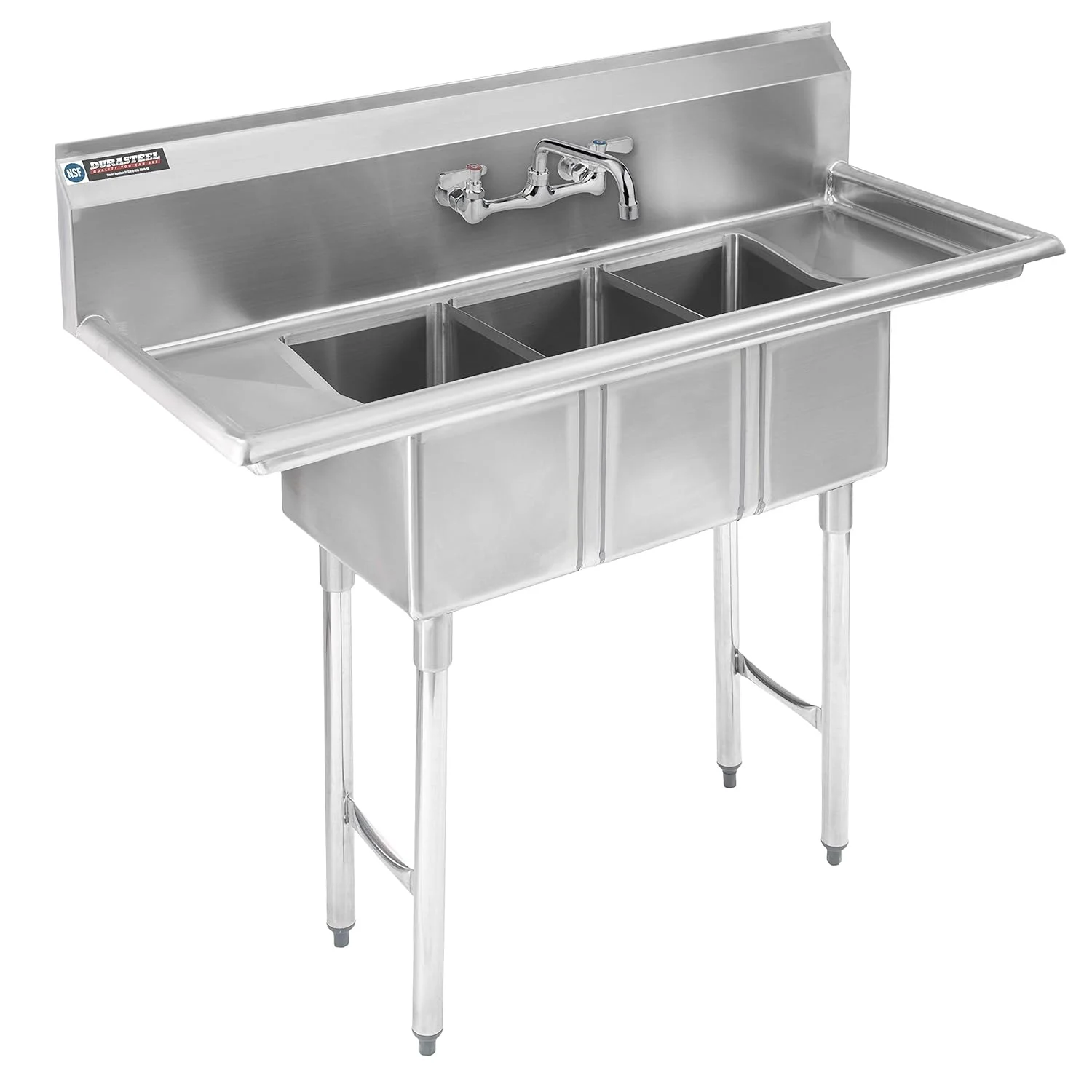 Stainless Steel Kitchen Sink with Faucet - DuraSteel 3 Compartment Commercial Sink w/ Double Drainboards - Triple 10