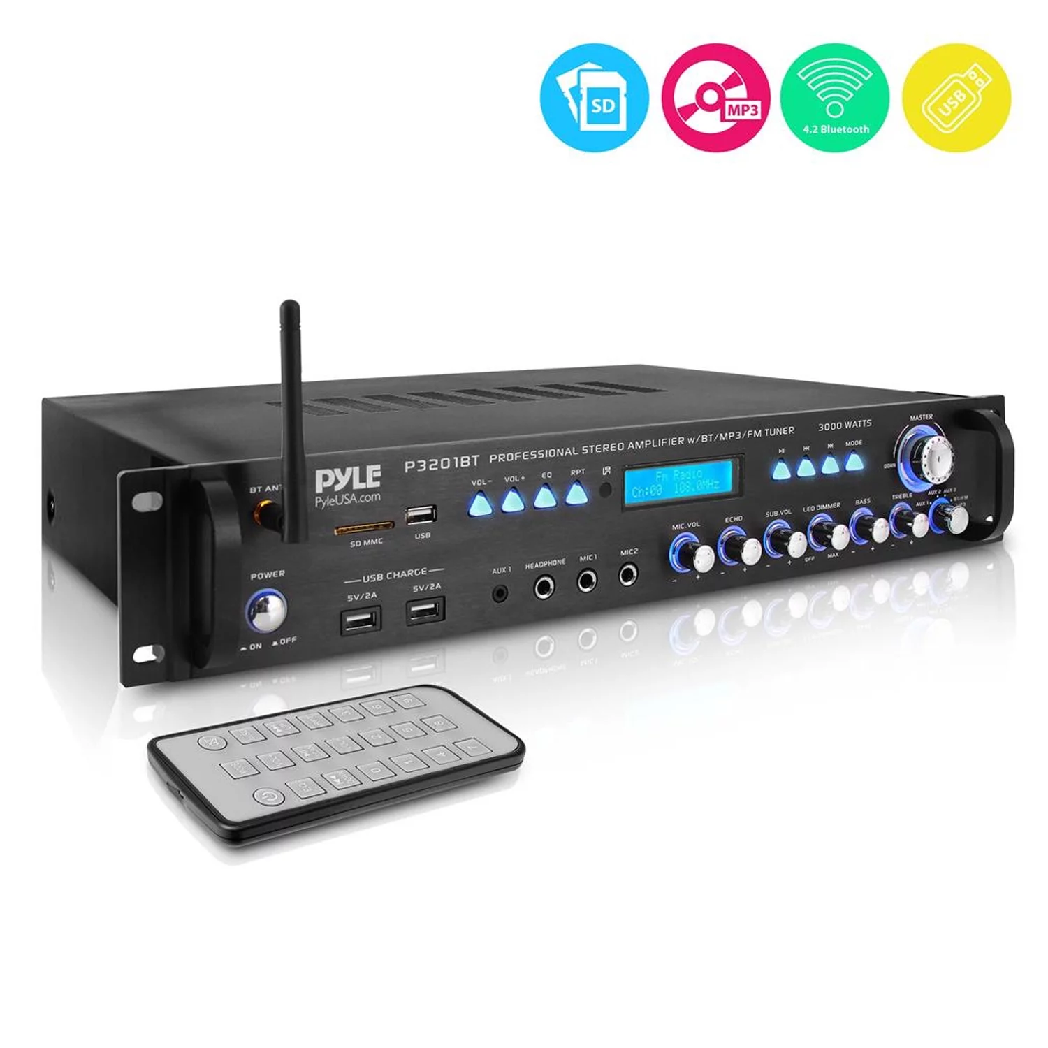 Pyle 3000 Watt Pro Home Audio Multi Channel Bluetooth Hybrid Amplifier Receiver