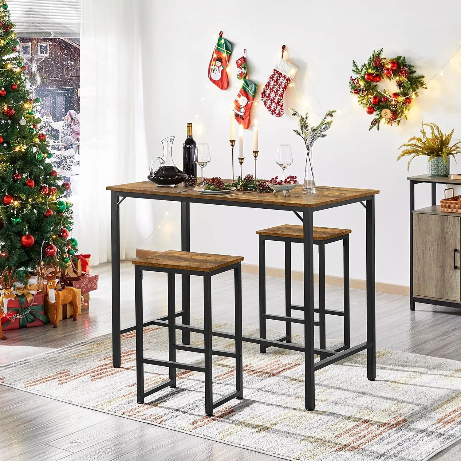 3 Piece Bar Table Set, 47.5 in Industrial Dining Table Set, Counter Height Table and Stools Set of 2, Kitchen Table and Chairs for Dining Room, Apartment, Rustic Brown