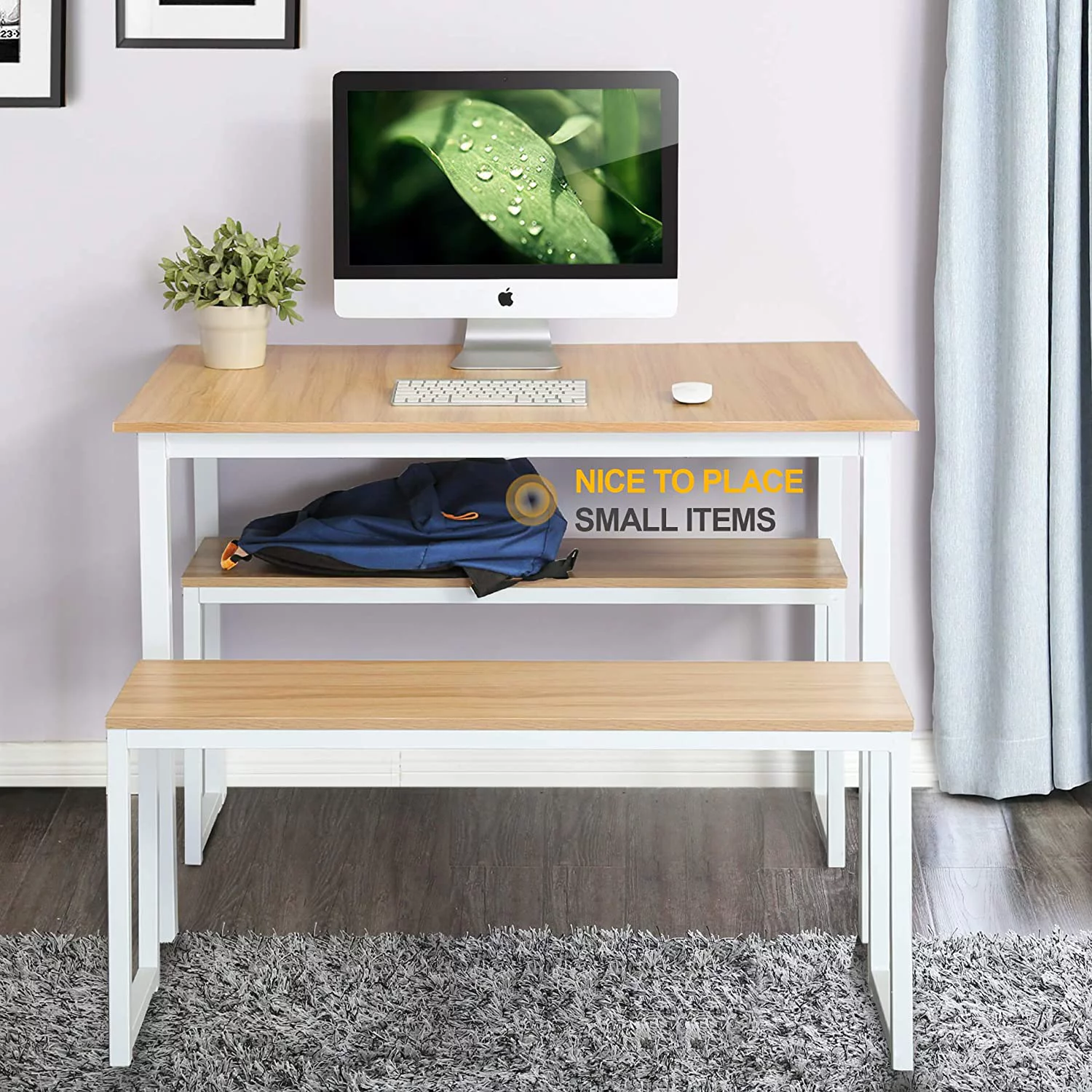 FITUEYES 3-Piece Dining Table Set with 2 Benches, White