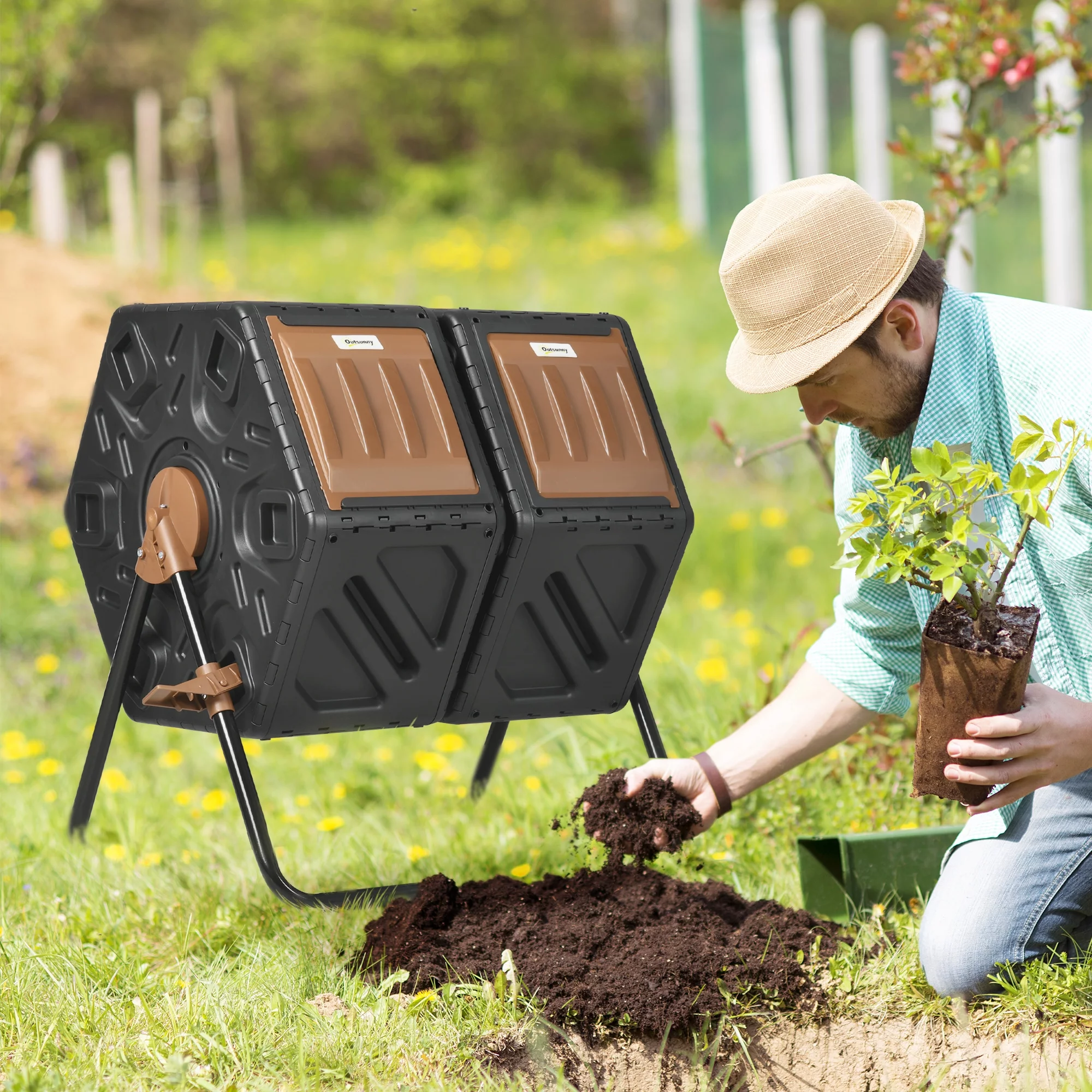 Homiyad Dual Chamber Compost Tumbler Bin, Outdoor Tumbling Composter with 24 Ventilation Openings and Steel Legs, 34.5 Gallon