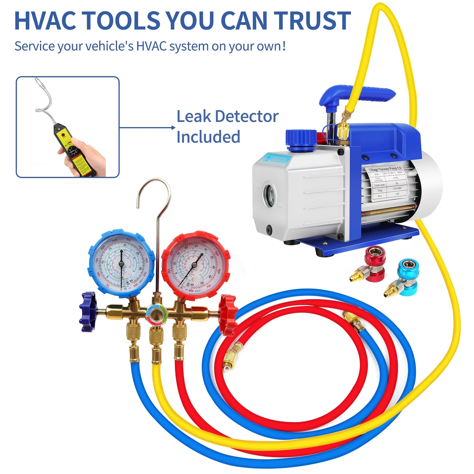 Complete Refrigerant Repair Tool Kit,1/3 HP 4CFM HVAC Vacuum Pump,R134a AC Manifold Gauge Set With Hoses and Quick Couplers,Leak Detector For Air Conditioner