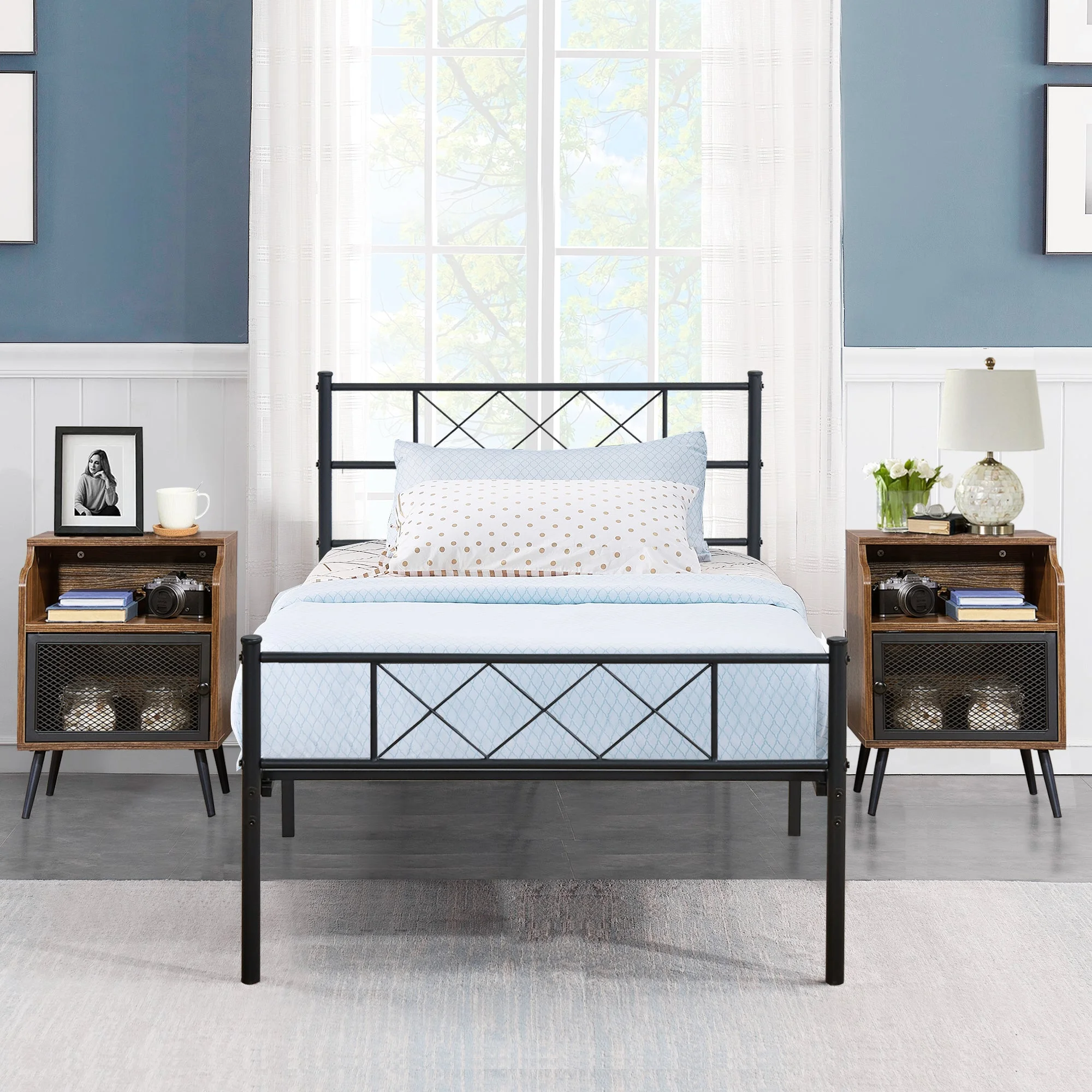 VECELO 3-Piece Bedroom Sets Metal Bed Frame and 2 Brown Nightstand