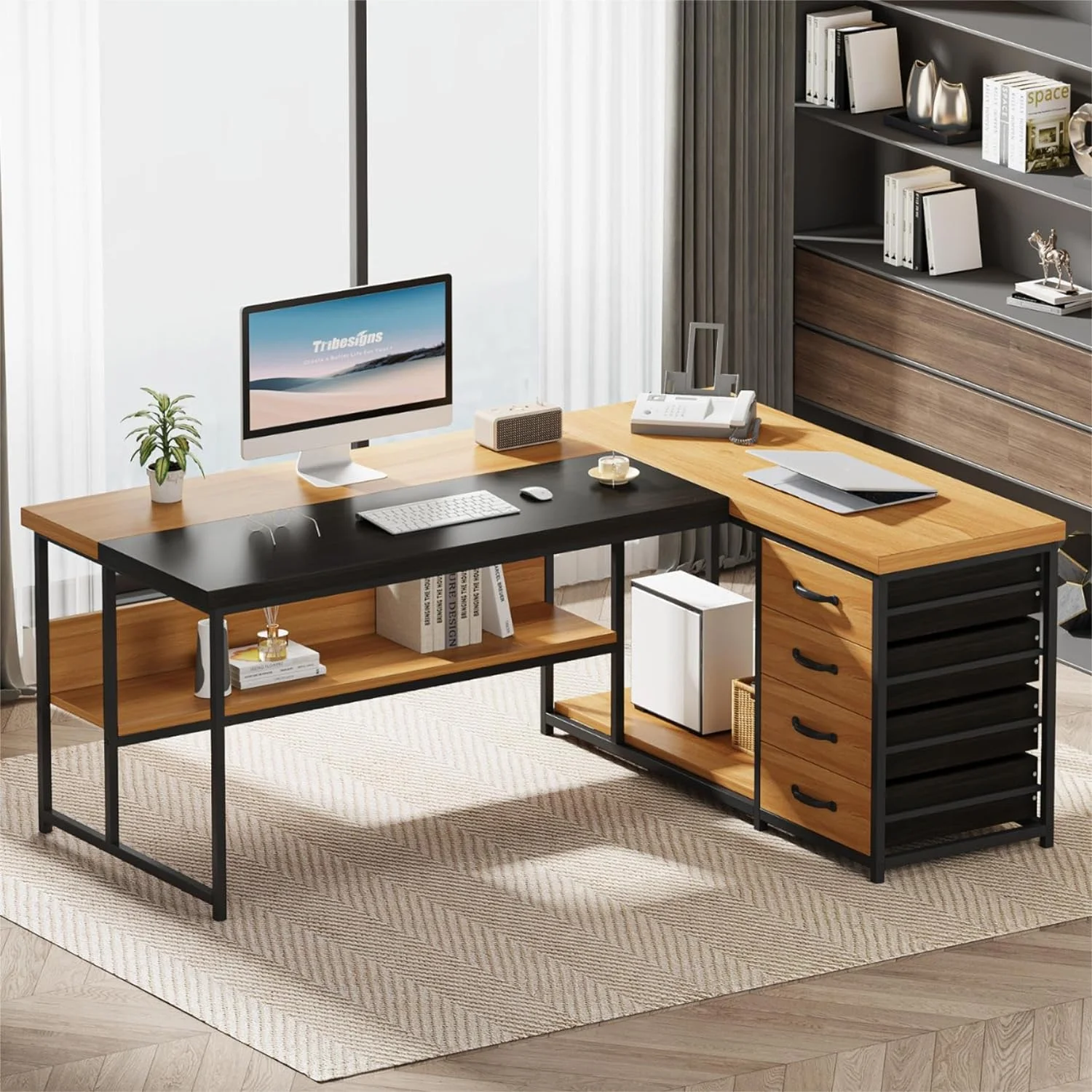 Tribesigns L-Shaped Desk with 4 Drawers, 62.2-Inch Computer Desk with Open Storage Shelves and CPU Stand, Light Brown & Black