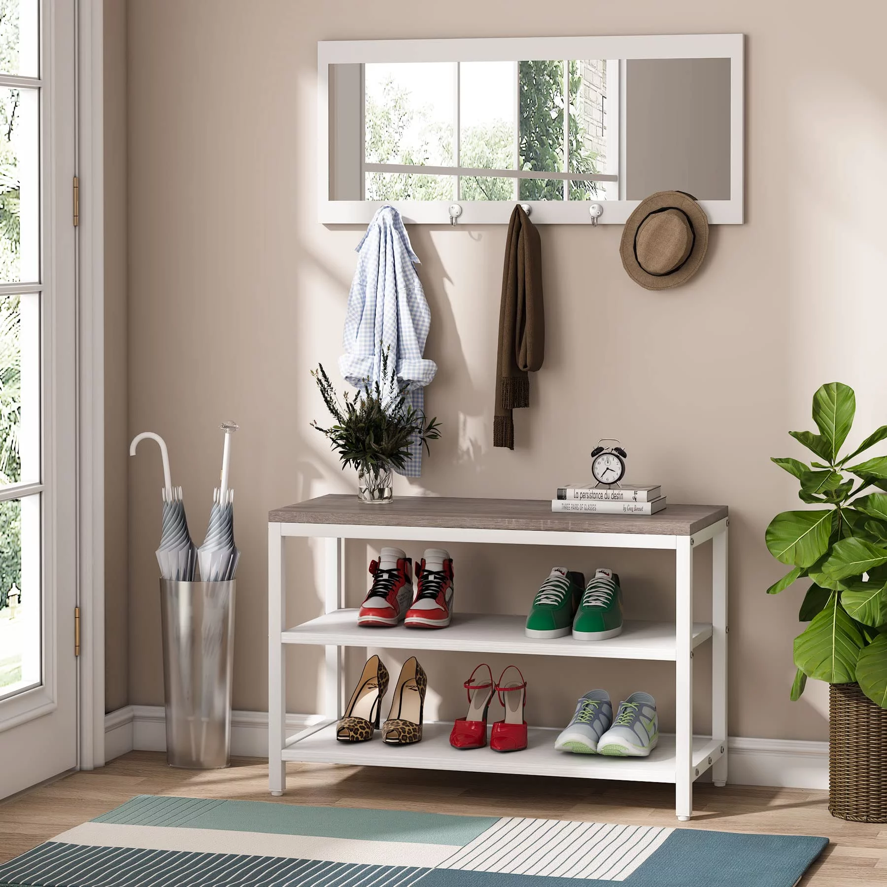 Entryway Shoe Bench Shoe Rack with Mirror Hooks for Hallway