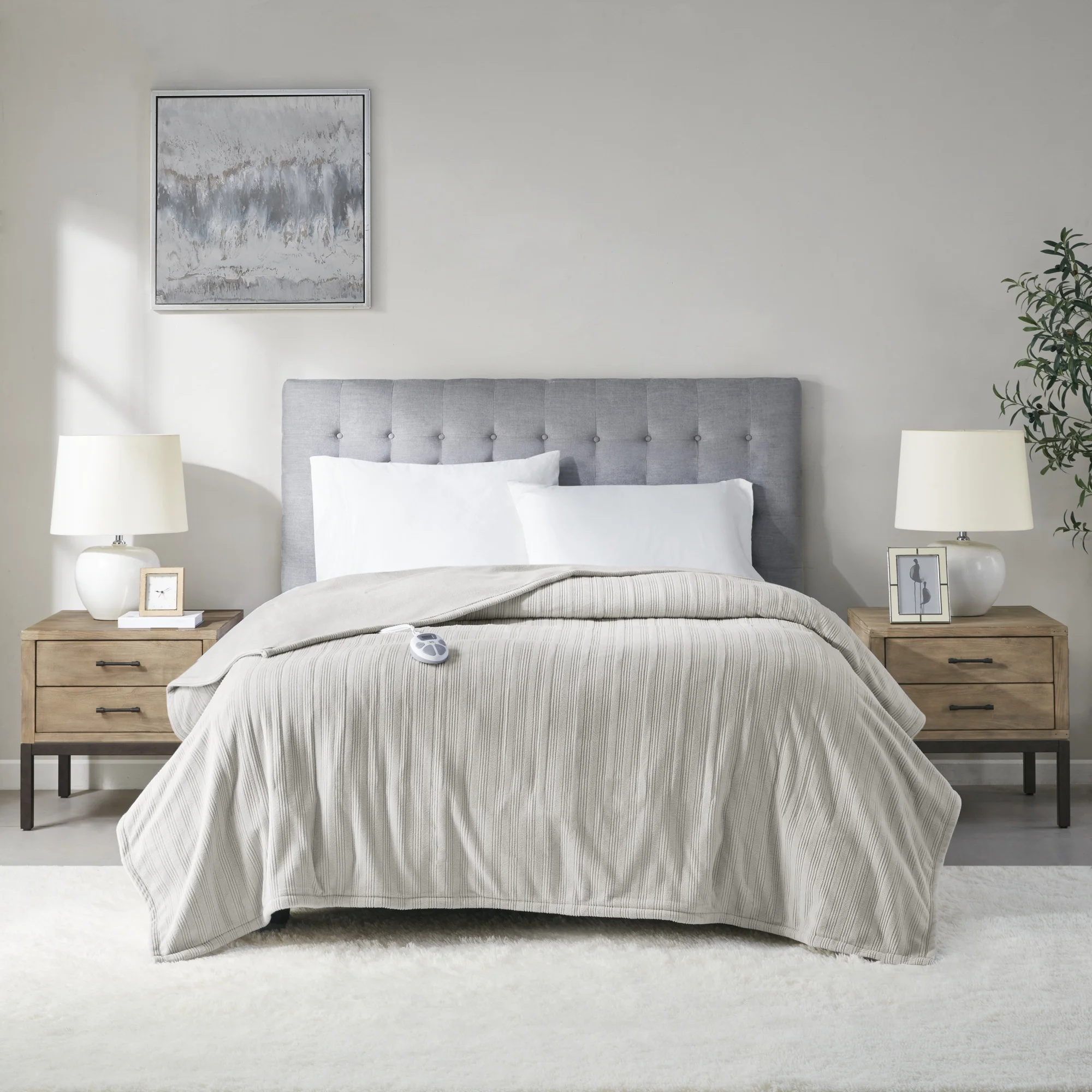 Serta Ribbed Micro Fleece Heated Blanket, Queen, Tan