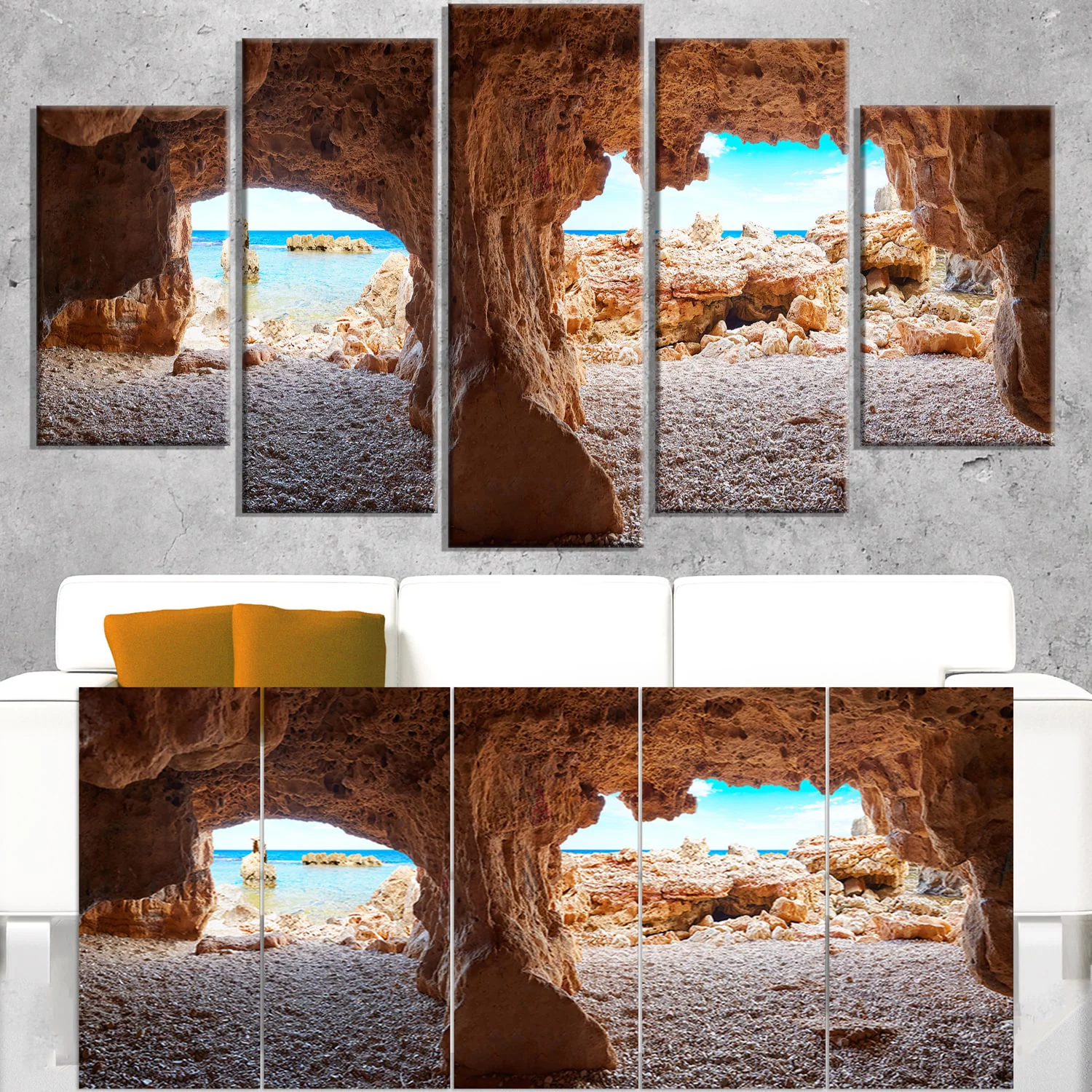 DESIGN ART Denia Las rotas Beach Caves - Landscape Artwork Print on Canvas - Blue 60 in. wide x 32 in. high - 5 Panels Diamond Shape