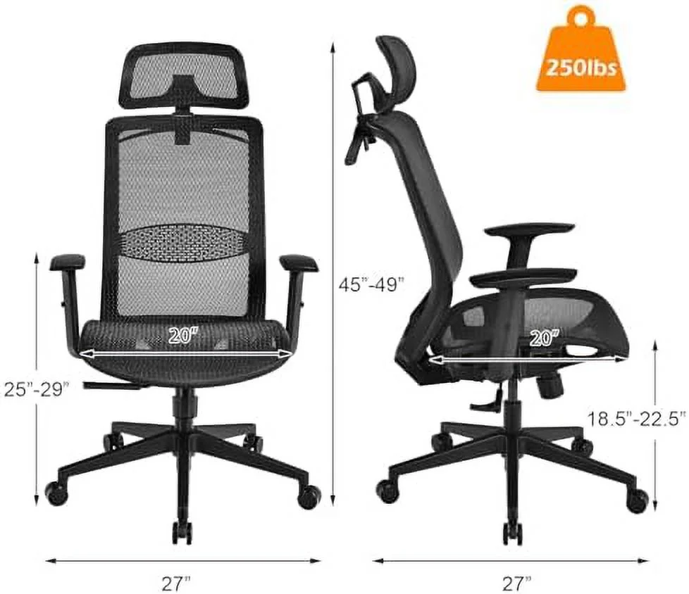 TQJKLFDY Ergonomic Office Chair - High-Back Computer Desk Mesh Chair with Clothing Hanger - Executive Swivel Task Chair with Adjustable Arms and Head  (Gray)