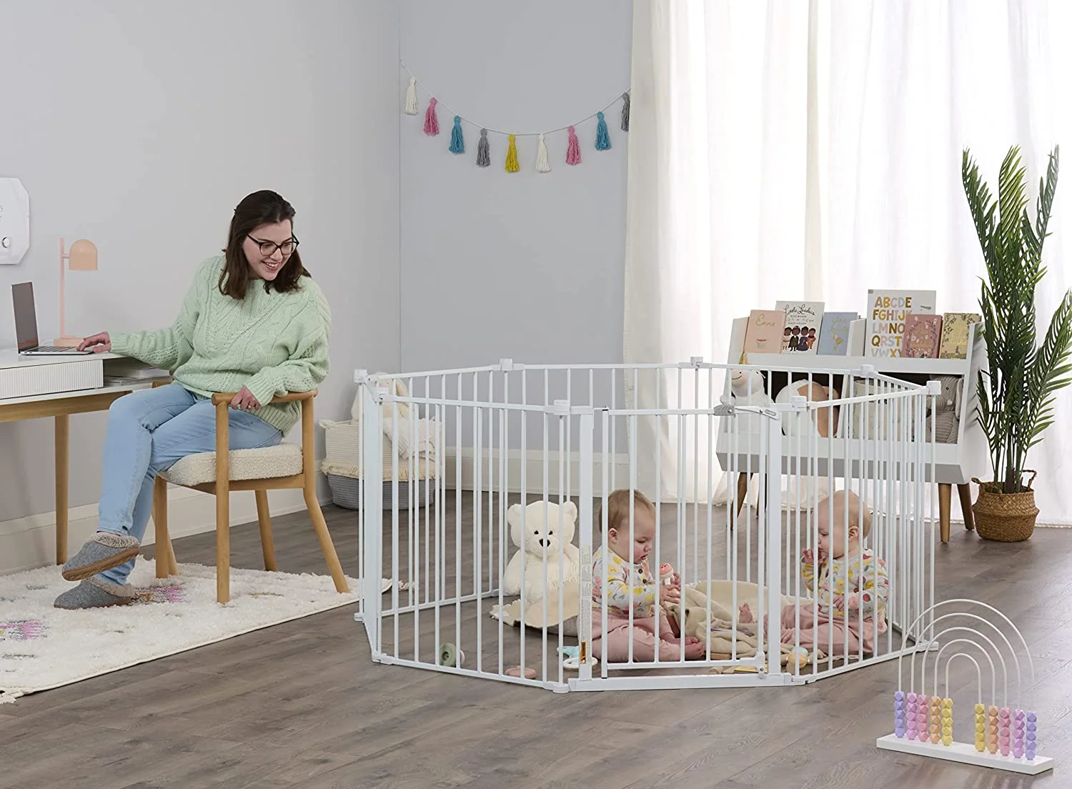 QINBI 192-Inch Super Wide Adjustable Baby Gate and Play Yard, 4-in-1, Bonus Kit, 4 Count (Pack of 1 & Easy Open 47-Inch Super Wide Walk Thru Baby Gate, Bonus Kit