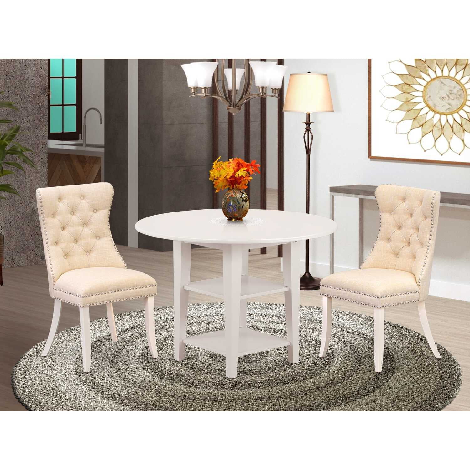 HomeStock Retro Renaissance 3 Piece Dining Set Includes A Round Kitchen Table With Dropleaf & Shelves And 2 Upholstered Chairs, Linen White