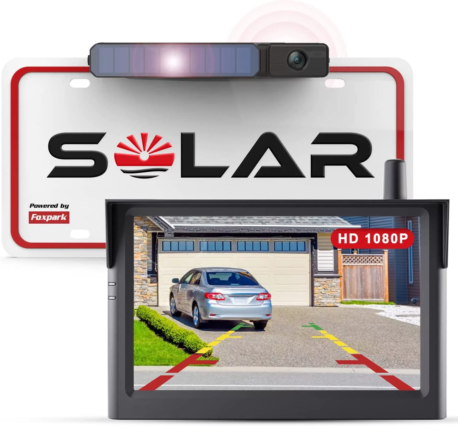 Wireless Backup Camera Solar Rear View Parking System for Car, 2 Channels Reverse Camera Wireless with Monitor Easy Installation,Solar Battery License Plate Camera for Trailer RV