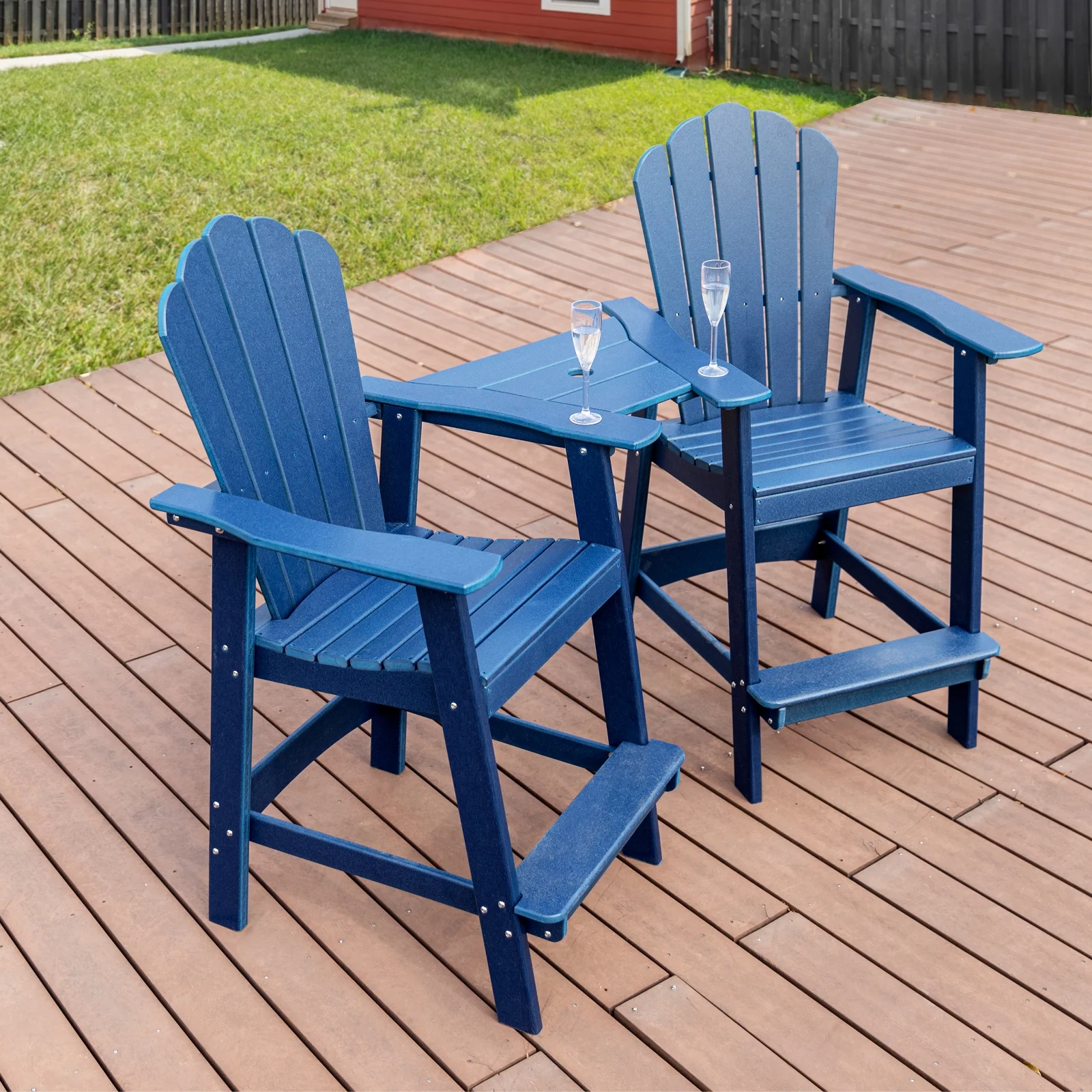 Okeysen Tall Adirondack Chair Outdoor Patio Bar Stools with Matching Table for Balcony Deck Pool, Set of 2, Navy Blue