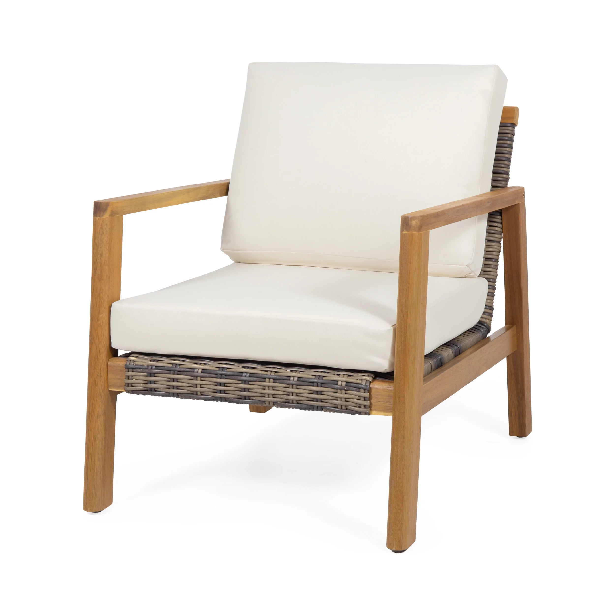 Rohan Acacia Wood and Wicker Outdoor Club Chair, Teak, Gray, Beige