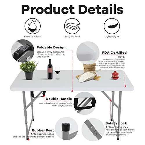MGHH Folding Table 4FT, Plastic Table Height Adjustable Table for Picnic, Camping, Kitchen, Beach, Party, Outdoor Indoor, 47 x 24 x 29 Inch,White