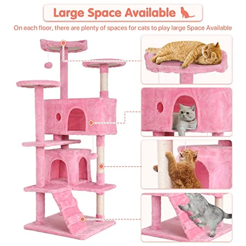 54in Cat Tree Cat Climbing Tower with Scratching Post, Cat House Perch Kitten Tree Condo Wood Cat Playhouse, Cat Tree Tower for Indoor Cats, Pink