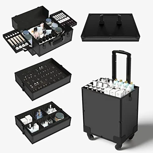5 in 1 Rolling Makeup Train Case Professional Large Storage Cosmetic Trolley Makeup Organizer Makeup Travel Case with Key Swivel Wheels Salon Barber Case Traveling Cart Trunk, 32.7