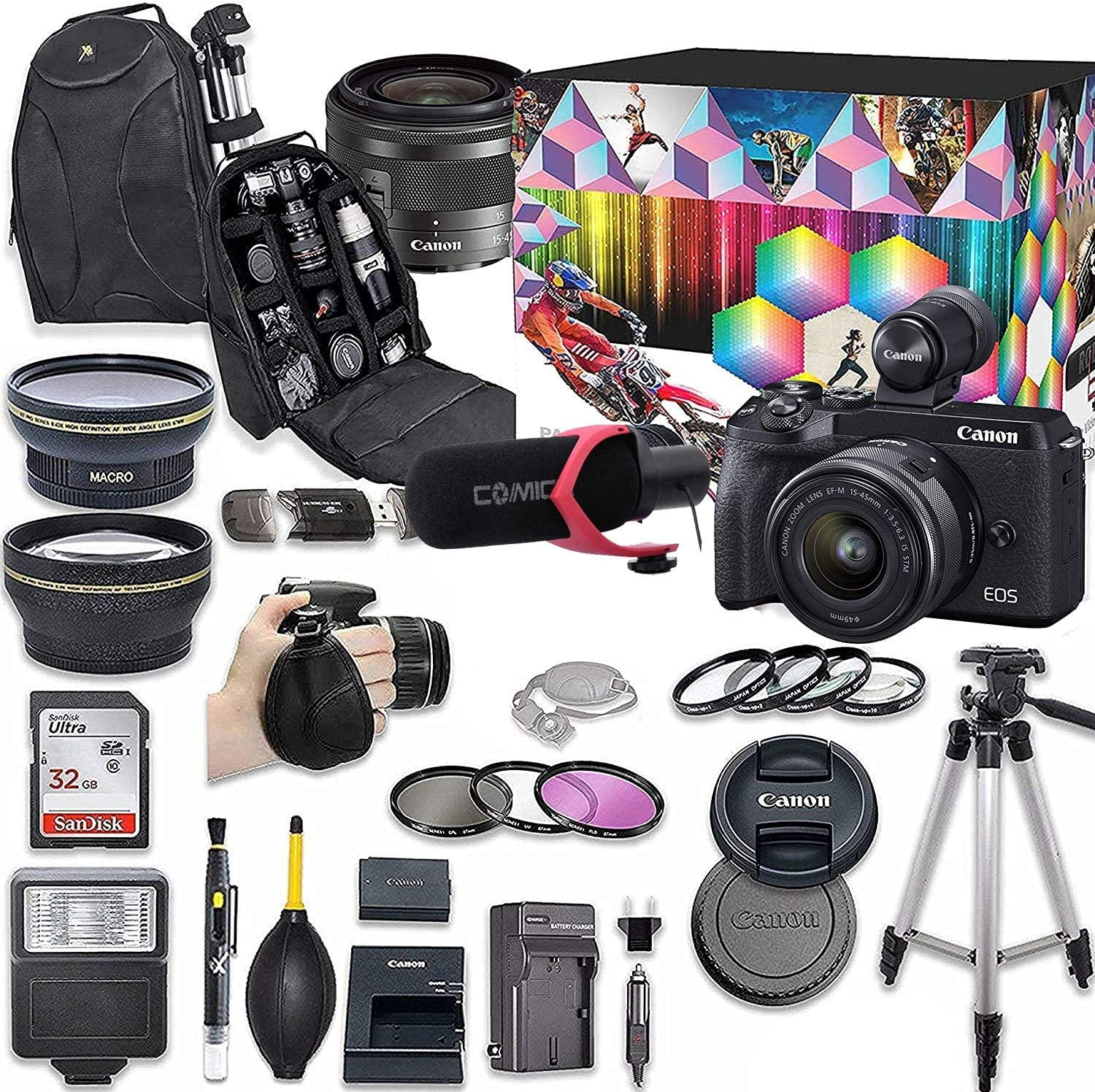 Canon EOS M6 Mark II Mirrorless Digital Camera with 15-45mm Lens, EVF-DC2 Viewfinder Kit (Black) + Wide Angle Lens + 2X Telephoto Lens + Flash + SanDisk 32GB SD Memory Card + Accessory Bundle