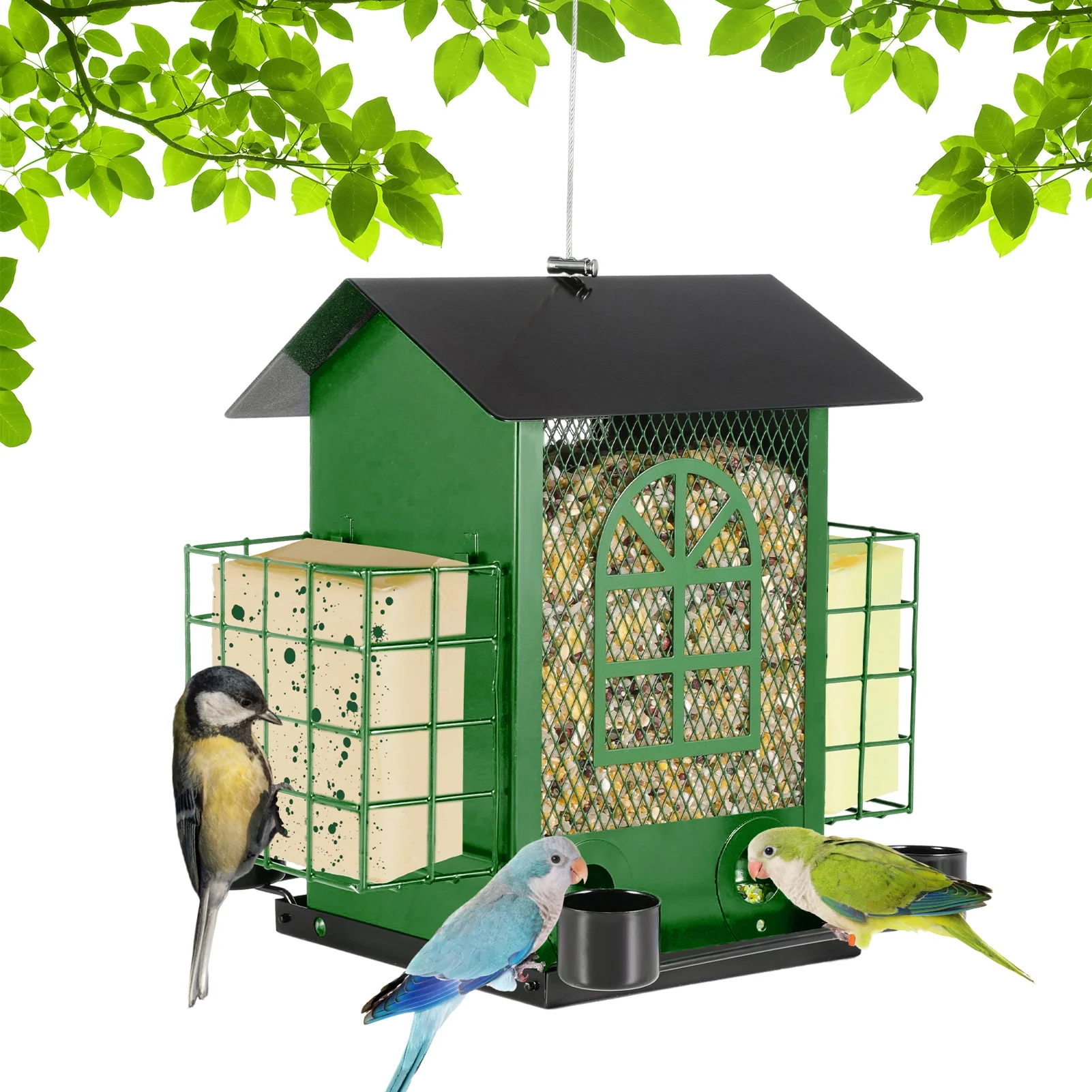 Qweryboo Hanging Bird Feeder with Double Suet Cage, Metal Suet Feeders for Outside Hanging, Hopper Bird Feeder for Outdoors Squirrel Proof