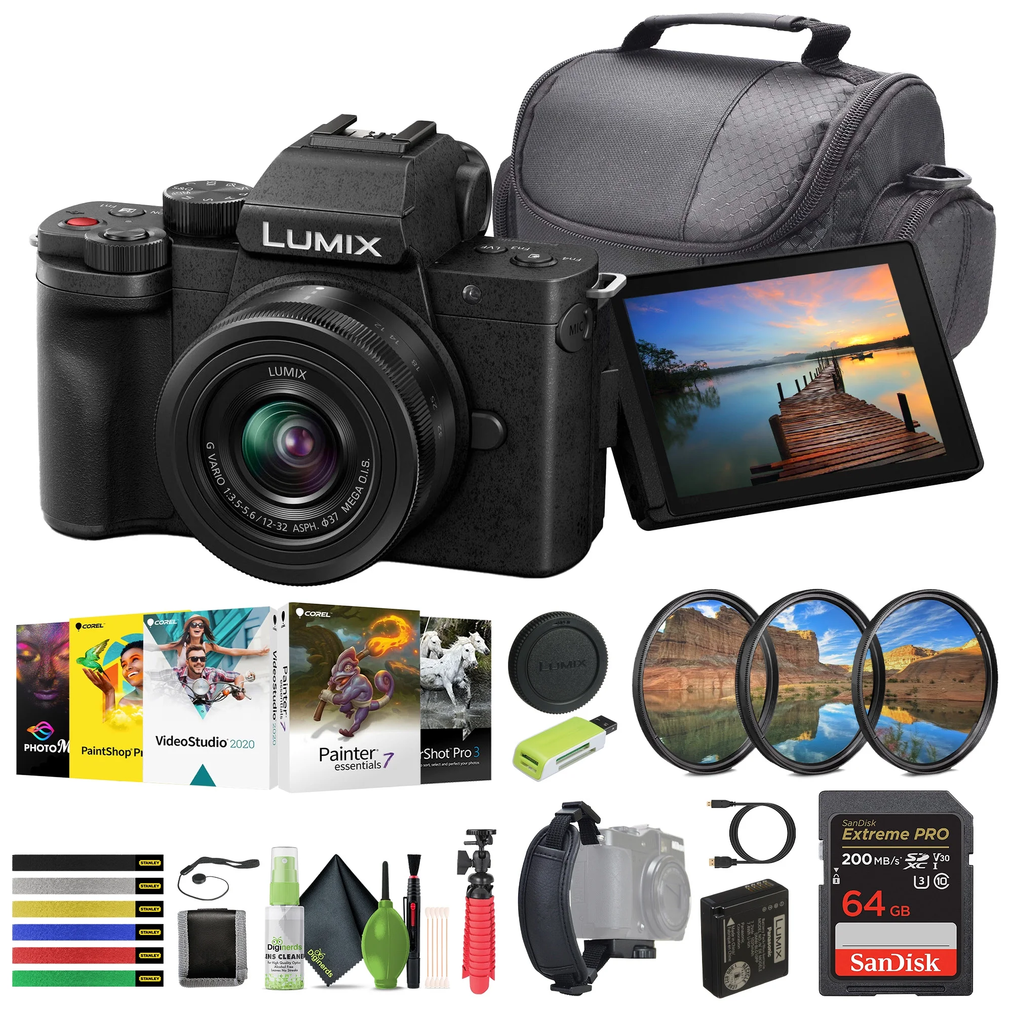 Panasonic Lumix G100 4k Mirrorless Camera For Photo, Video And Vlog With 12-32mm Lens Built In Microphone, Ideal Vlogging Camera Kit Bundle With 64GB SD Card + Tripod + Bag + Cleaning Kit + And More
