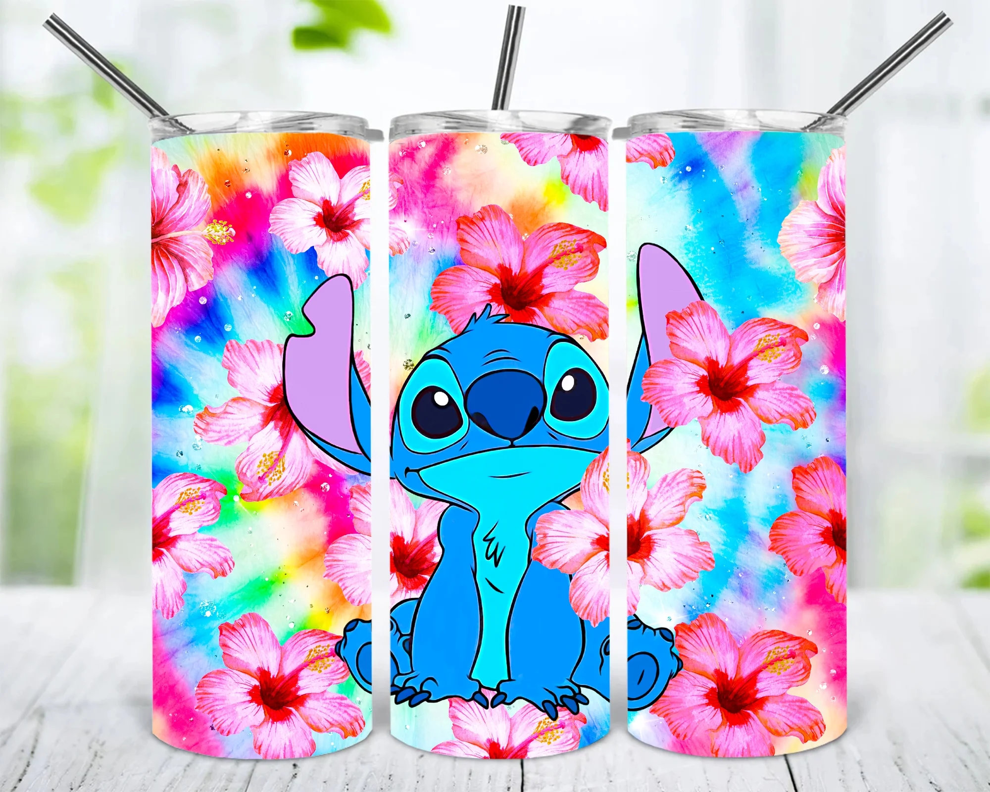 20 oz Tumbler With Lid and Straw-  Stainless Steel Vacuum Insulated Skinny Tumblers Cups - Coffee Travel Mug Cup- Birthday Christmas Gifts for Mom, Women, Sister, Friends (Stitch in Flowers)