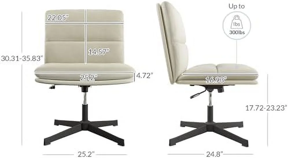 Office Chair  PU Leather Armless Office Desk Chair no Wheels  Wide Padded Swivel Vanity Chair Computer Desk Chair with Height Adjustment and Tilt   300 LBS Capacity - Ivory (Beige)