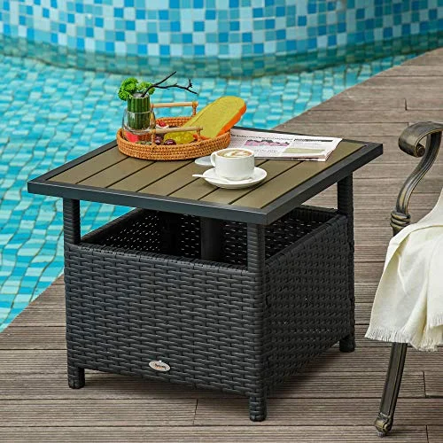 Outsunny 22'' Rattan Wicker Side Table with Steel Frame, Umbrella Insert Hole, Sand Bag for Outdoor, Patio, Garden, Backyard, Black & Tan