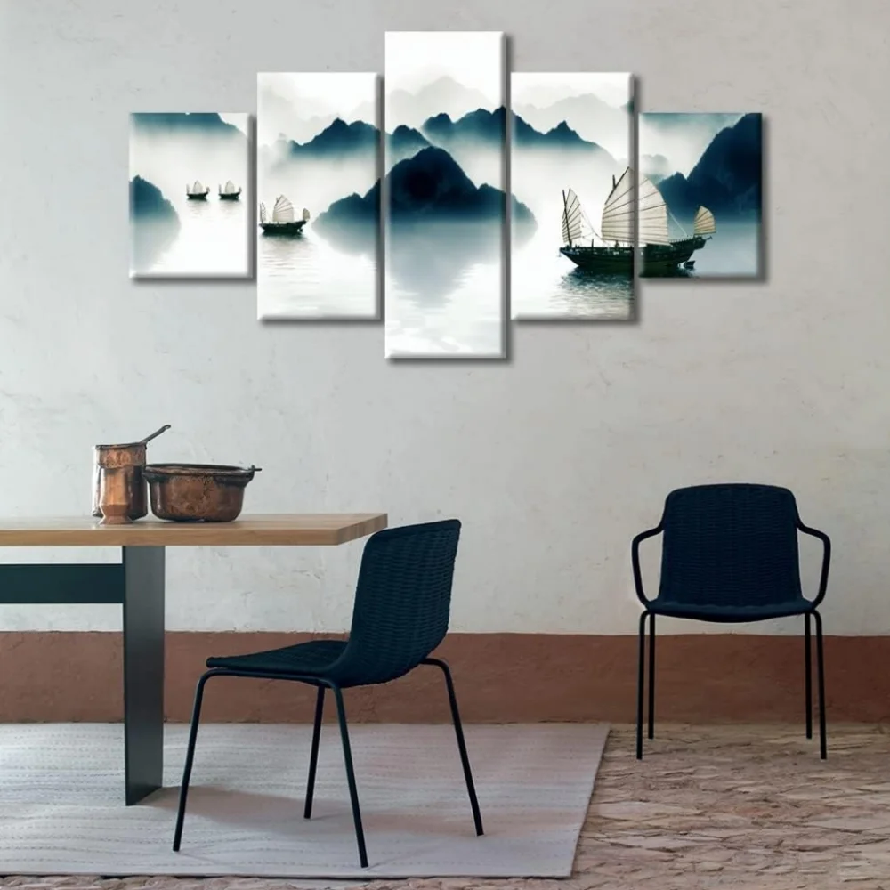 TISHIRON 5PCS Framed Watercolor Landscape Theme Canvas Wall Art Set,60
