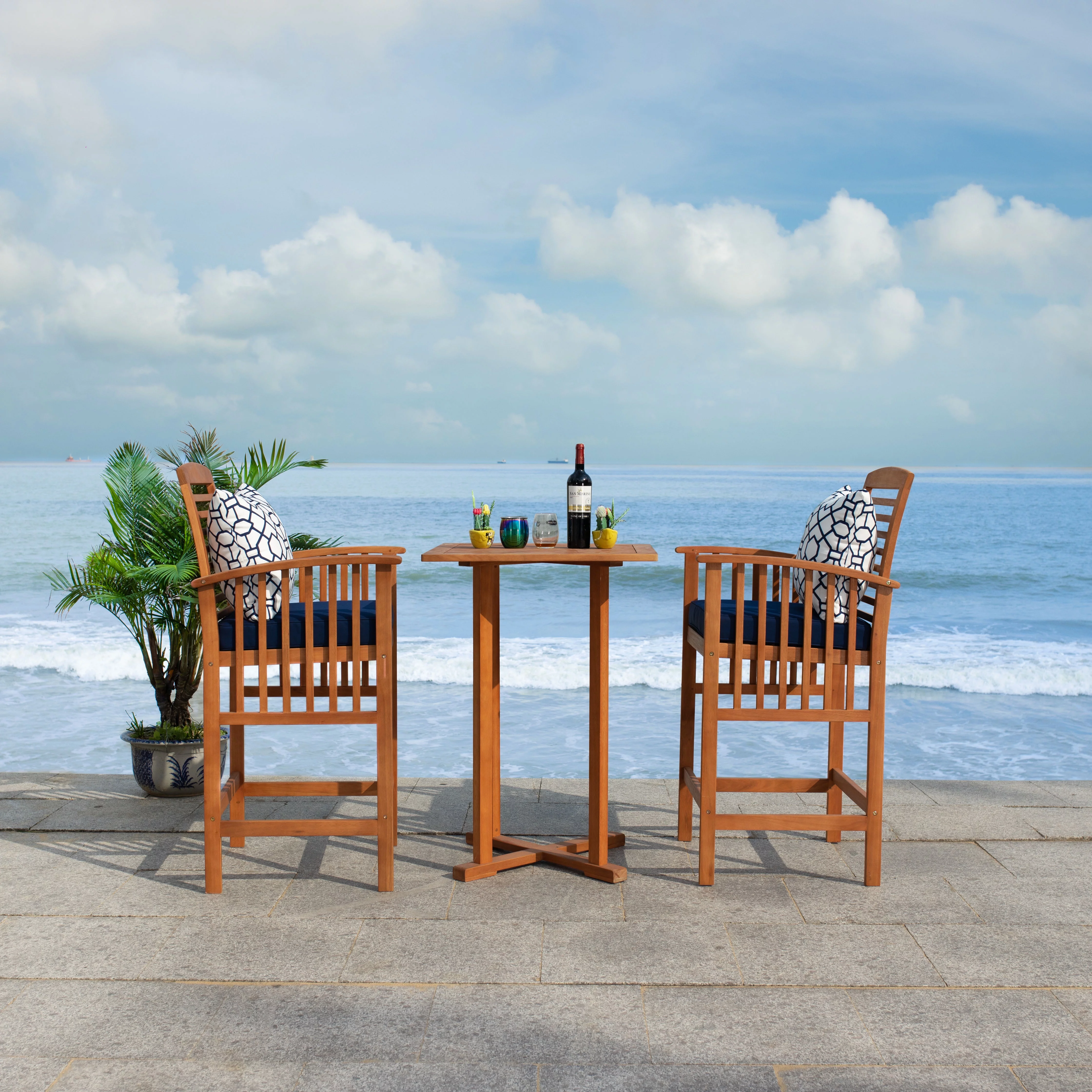 SAFAVIEH Outdoor Collection Pate 3-Piece Bar Table Bistro Set Natural/Navy/Navy