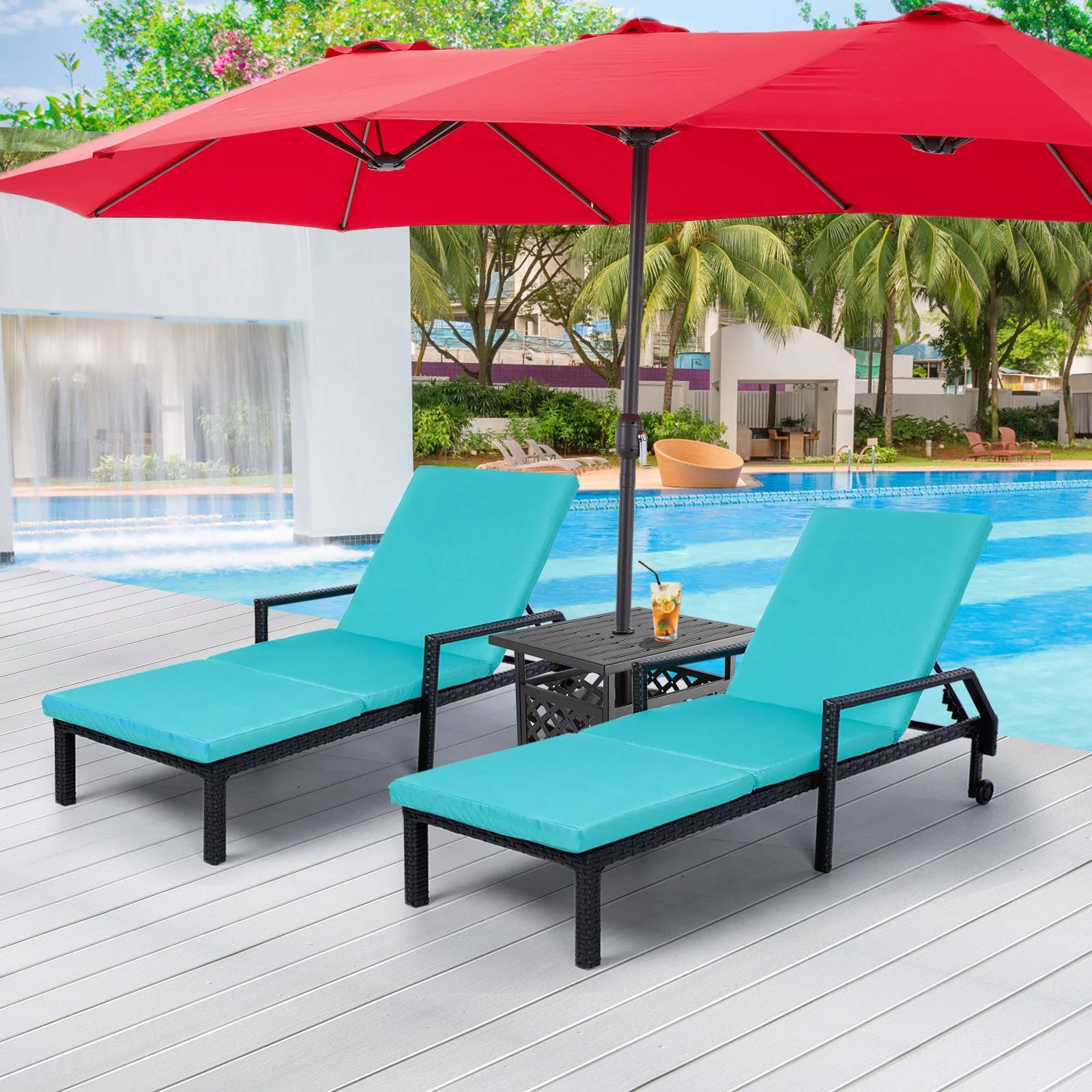 AECOJOY 3-Piece Outdoor Wicker Chaise Lounge Set Poolside Patio Lounge Chair Set of 2 with Bistro Table Umbrella Base-Blue