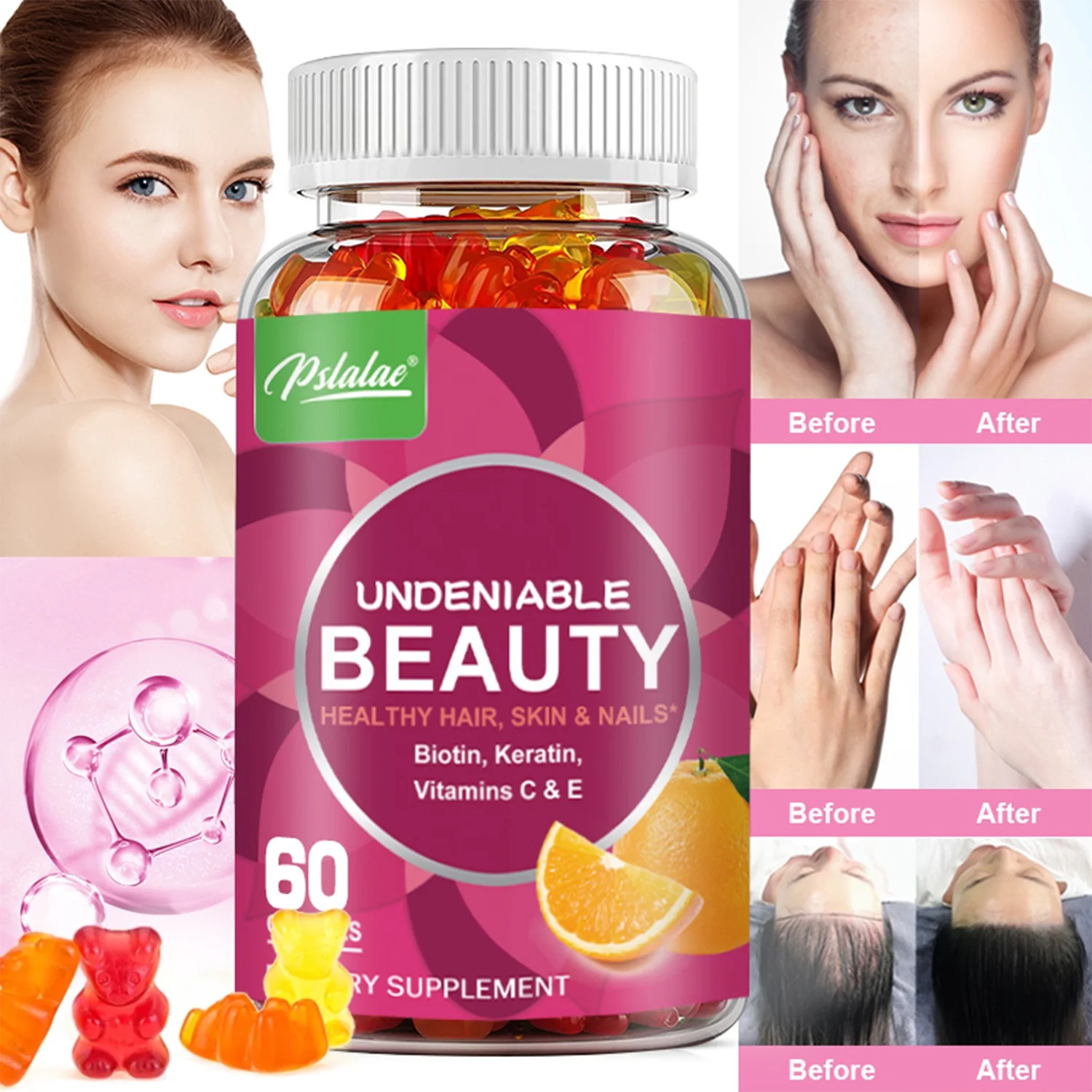 Pslalae Undeniable Beauty Gummies - for Hair, Skin, Nails - with Biotin, Keratin (30/60/100pcs)