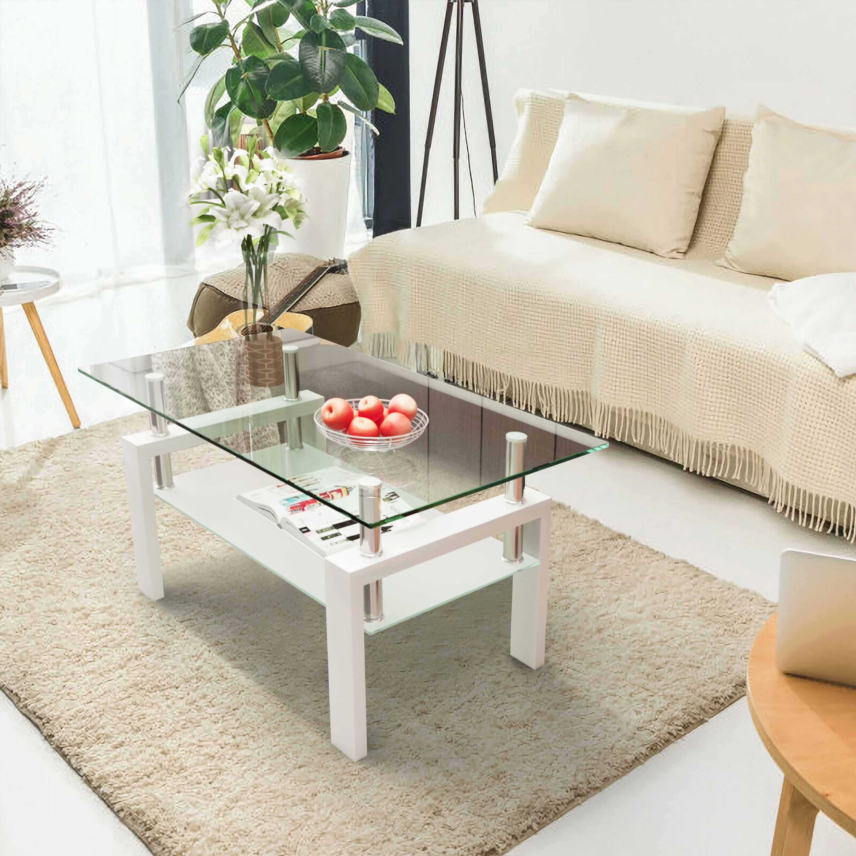 KUUFER Rectangle White Glass Coffee Table, Clear Coffee Table, Modern Side Center Tables for Living Room, Living Room Furniture