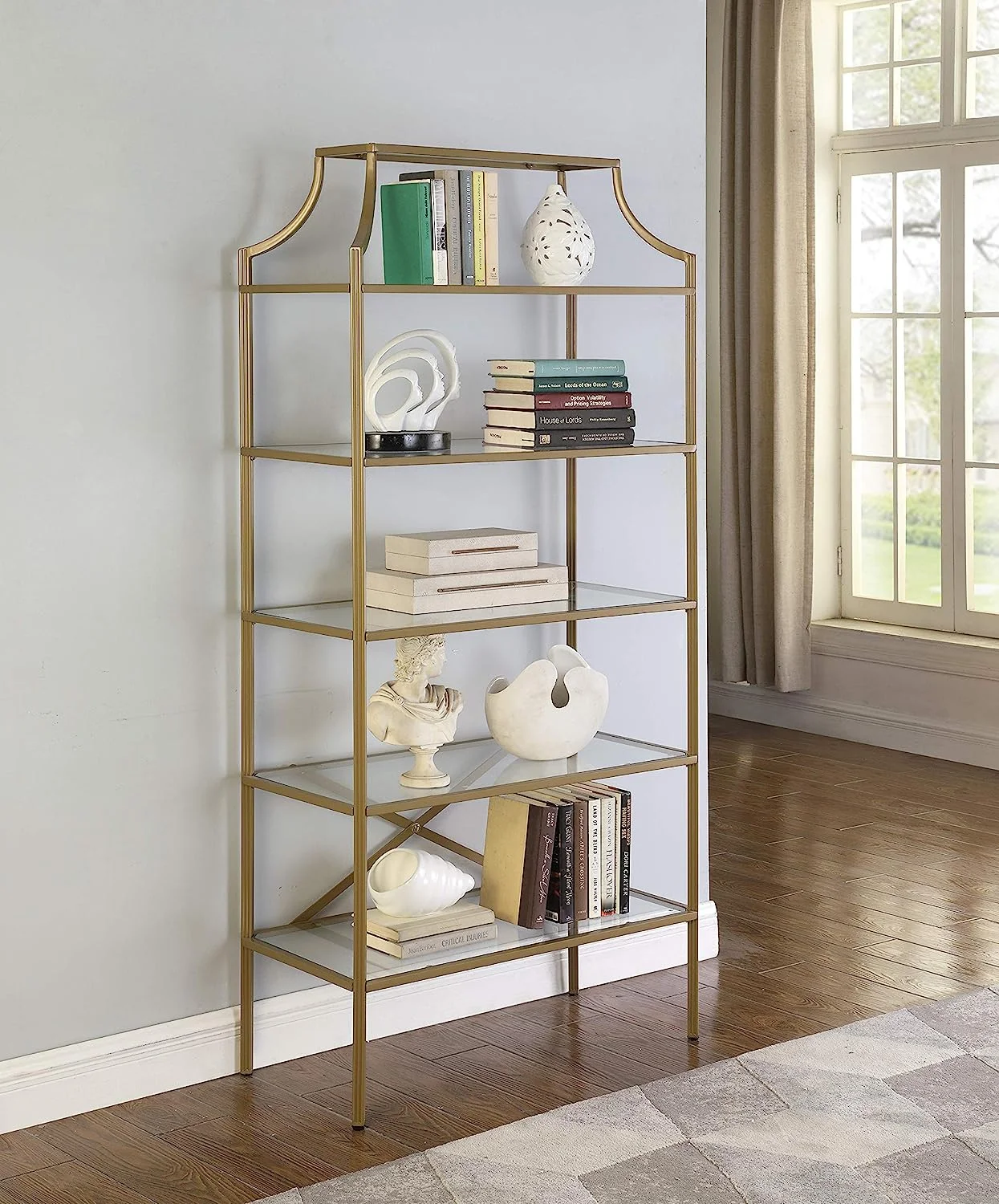 HBBOOMLIFE Art  5  Bookcase Etagere Metal Bookshelf Clear Tempered Glass Shelves Gold 804393