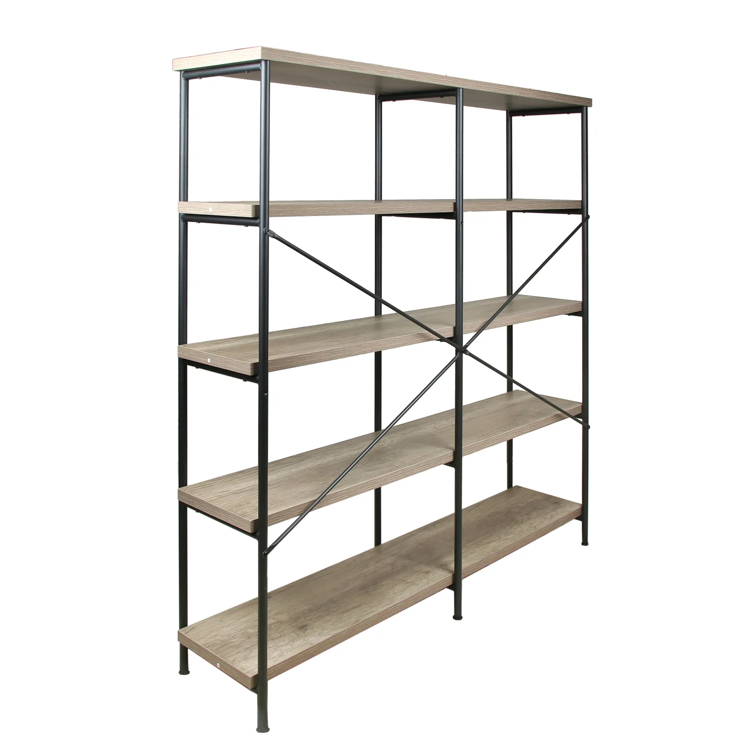 Maykoosh Modern Motifs 63 Inch Industrial 4 Tier Bookshelf, Particleboard, Metal Frame, Gray, Black